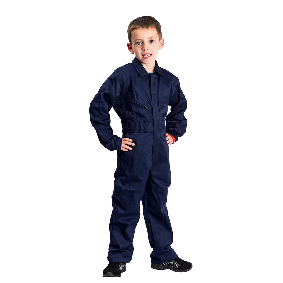 A youth in a navy blue coverall with a zip front and multiple pockets, featuring a logo on the chest. Youth's Coverall - Image 1