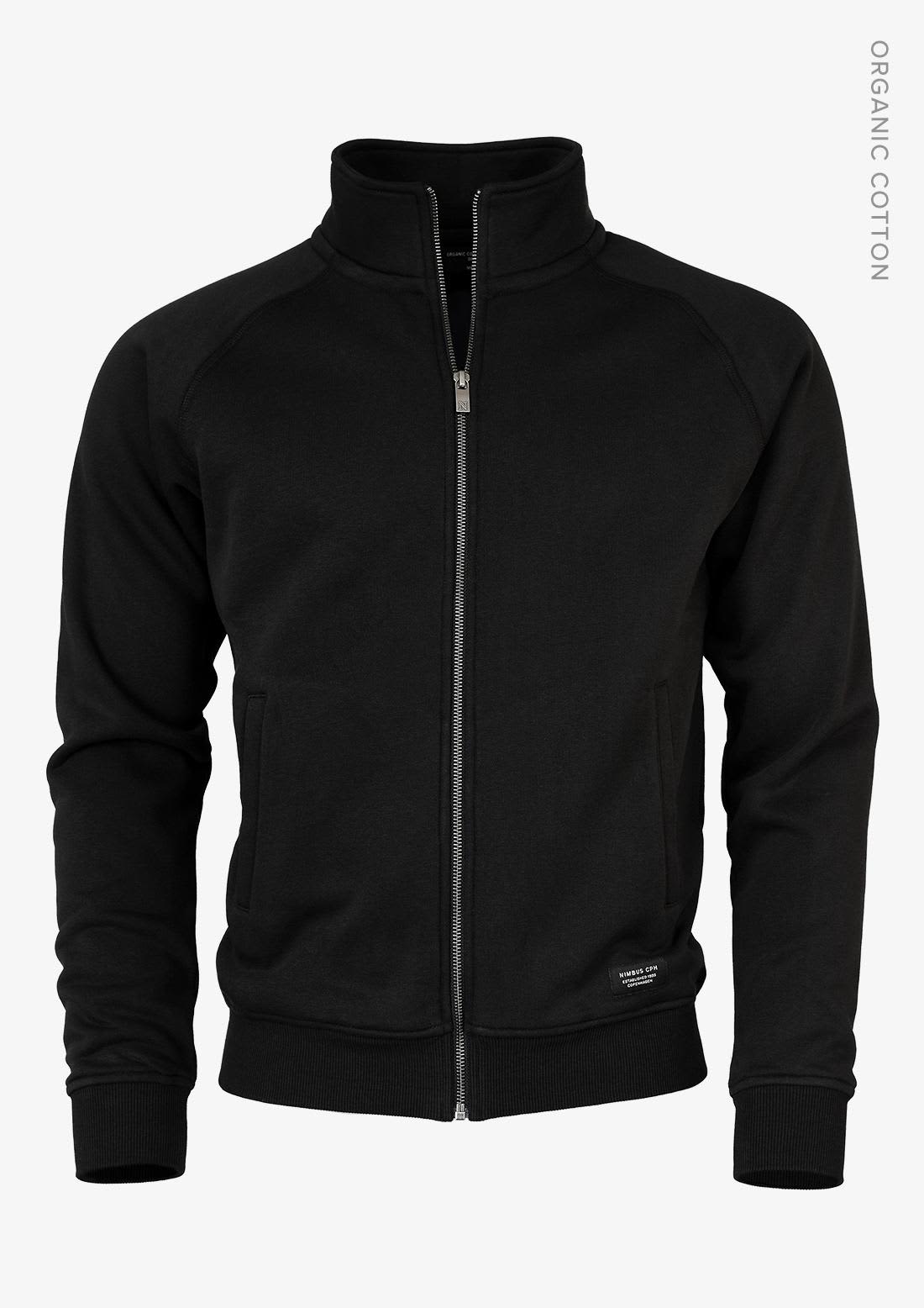 A black men's zip-up jacket with a high collar and raglan sleeves, featuring a logo on the side. Cambridge Men Jacket - Image 1