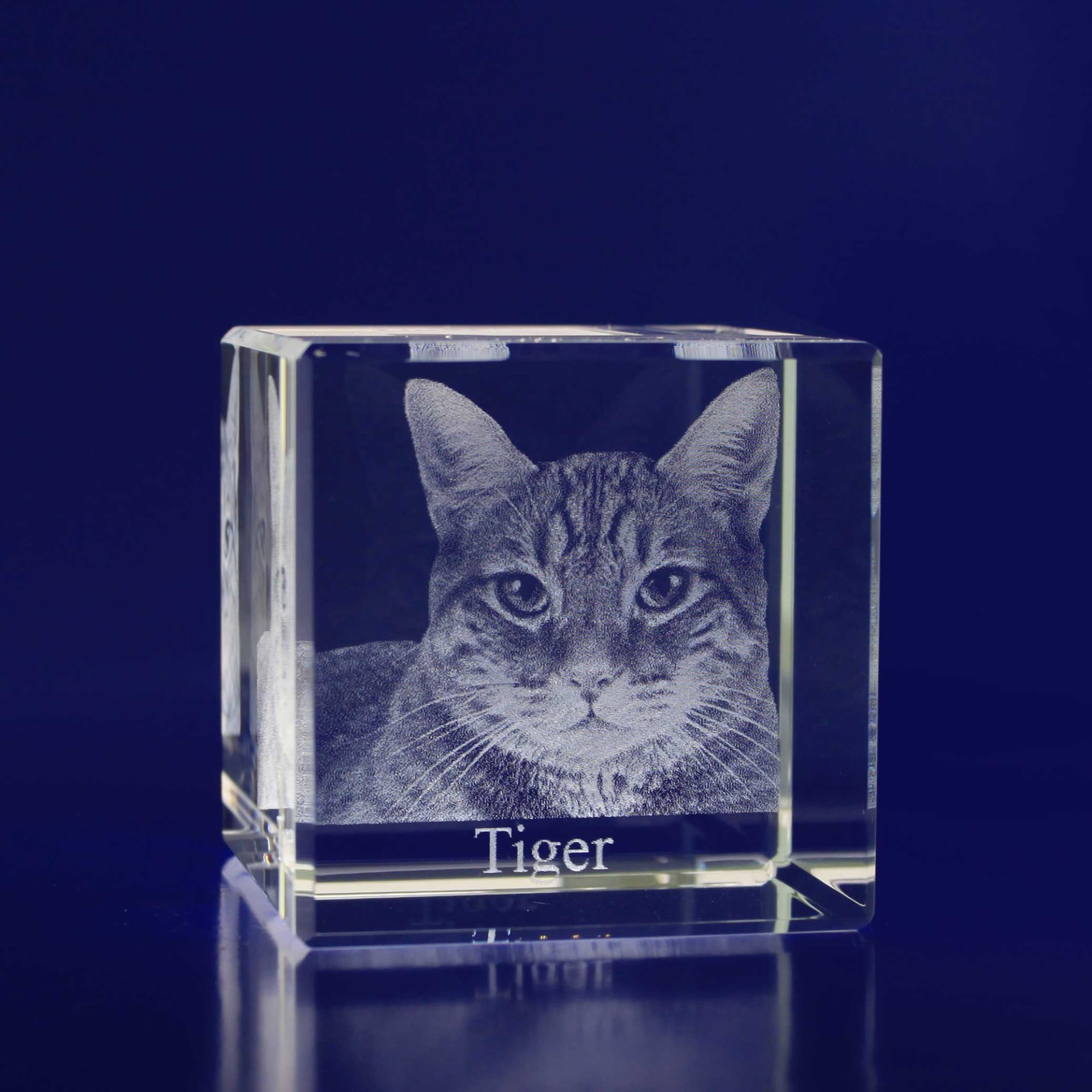 A clear 3D crystal cube featuring a detailed engraving of a cat's face, with the name "Tiger" inscribed at the base. 3D Crystal Cube (50mm) - Image 1