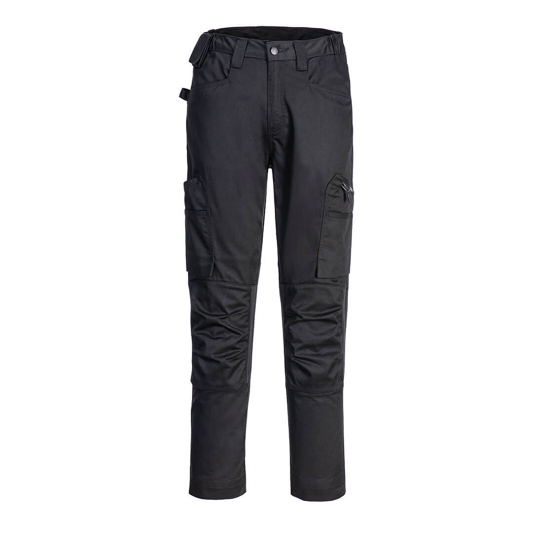 Black eco-stretch trade pants featuring multiple pockets and a belt loop. The pants have a branded logo on them. WX2 Eco Stretch Trade Pants - Image 1
