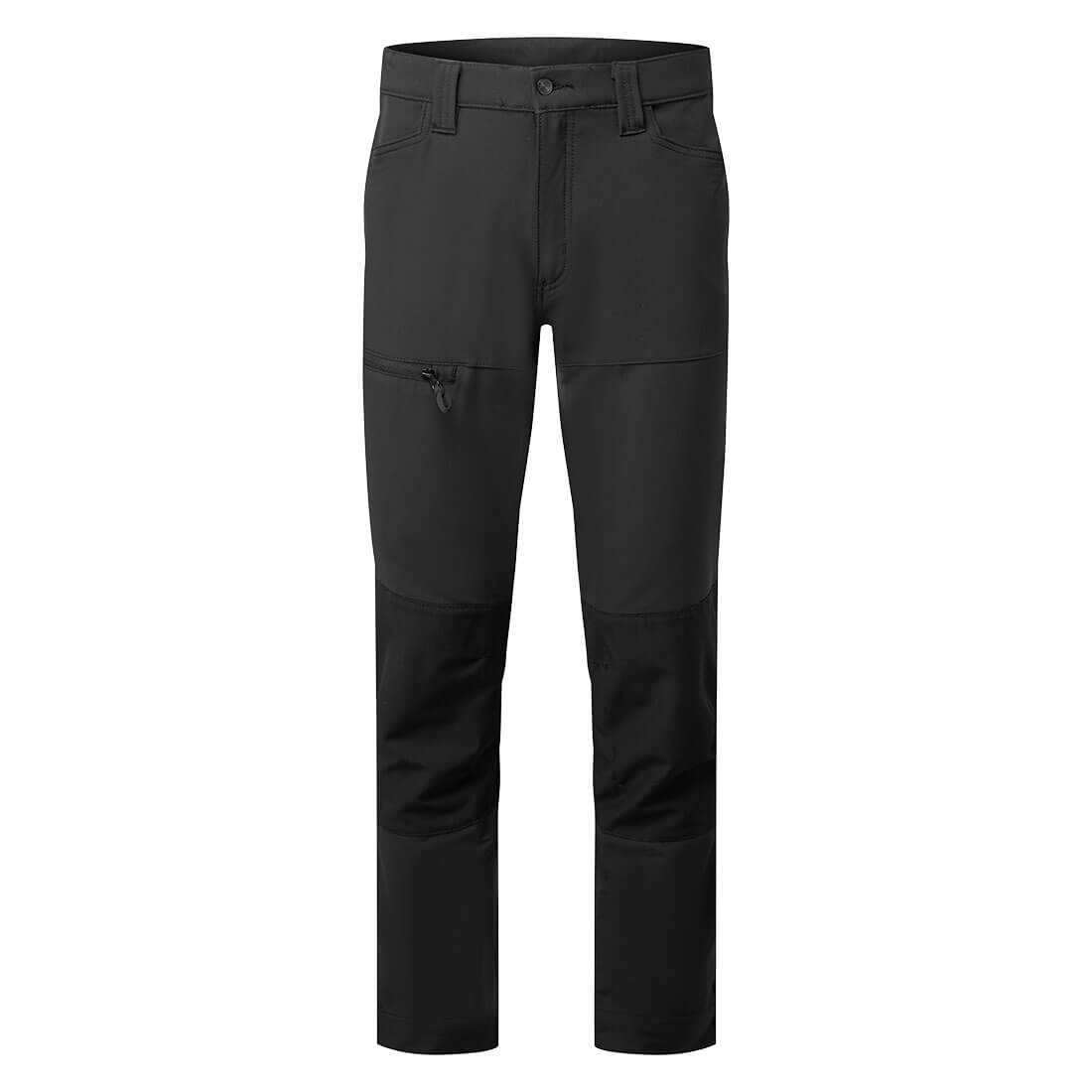 Black work trousers featuring a zippered pocket and varied fabric panels. The design includes a logo on the waistband. WX2 Eco Stretch Work Pants - Image 1