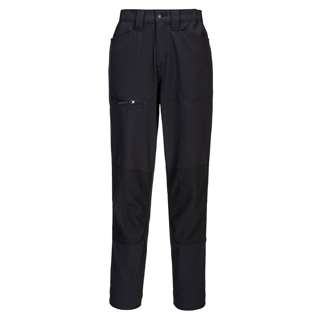 A pair of black women's stretch work pants with a zippered pocket and reinforced knee areas. Includes branding. WX2 Eco Women's Stretch Work Pant - Image 1