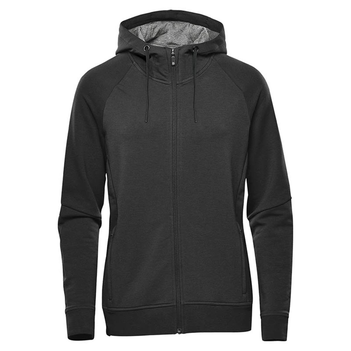 A black women's full zip hoodie with a hood and raglan sleeves, featuring a logo on the front. Women's Dockyard Performance Full Zip Hoody - Image 1