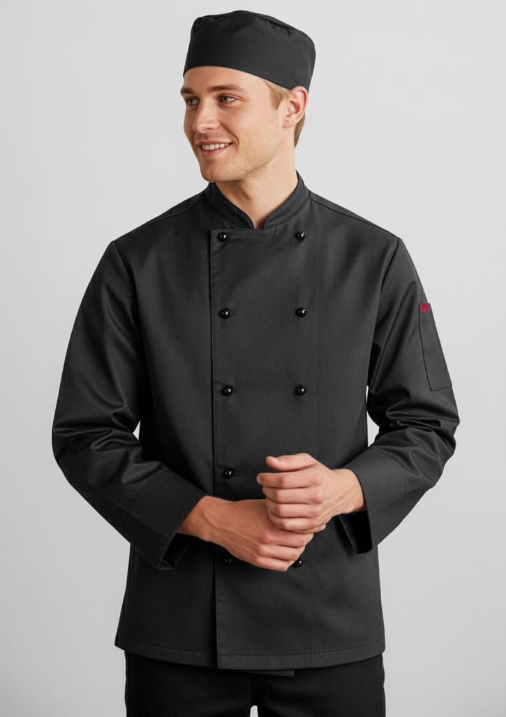 A black long sleeve chef jacket with a buttoned front and a matching chef hat. The model is smiling. Mens Al Dente Long Sleeve Chef Jacket - Image 1