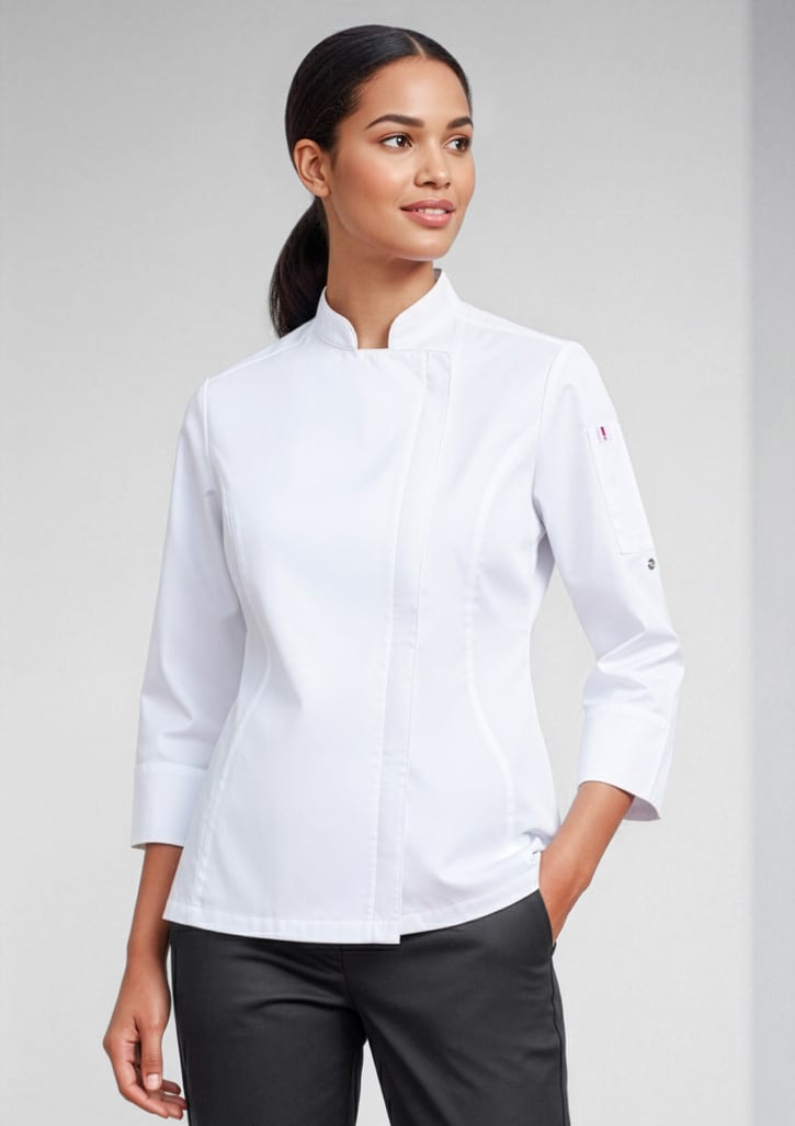 A white women's long sleeve chef jacket with a fitted design and a logo on one sleeve. Womens Alfresco Long Sleeve Chef Jacket - Image 1