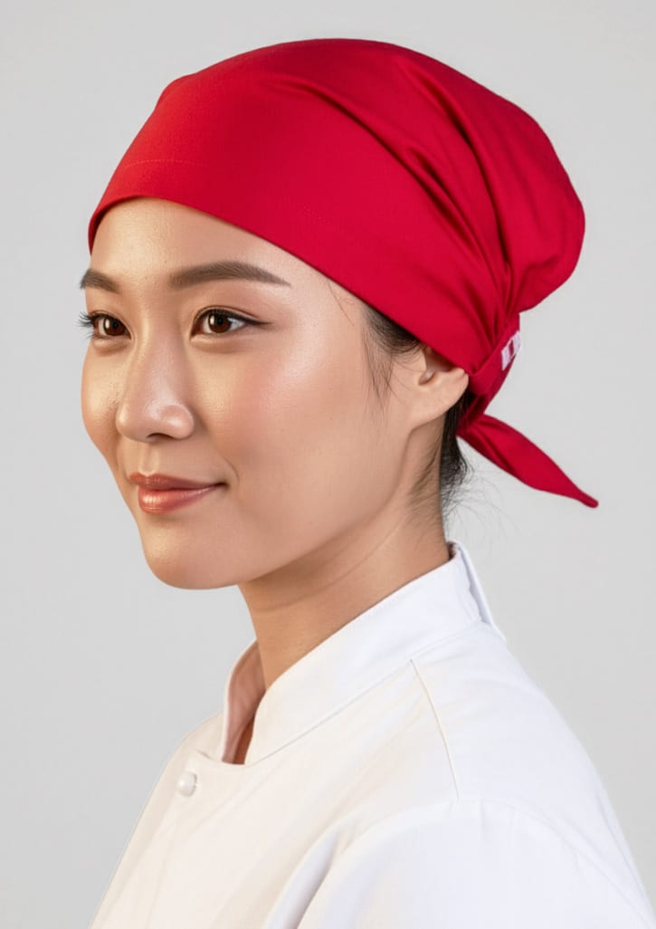 A red chef bandana worn by a woman, designed as part of chefwear uniforms. It has a simple, stylish design. Twist Chef Bandana - Image 1