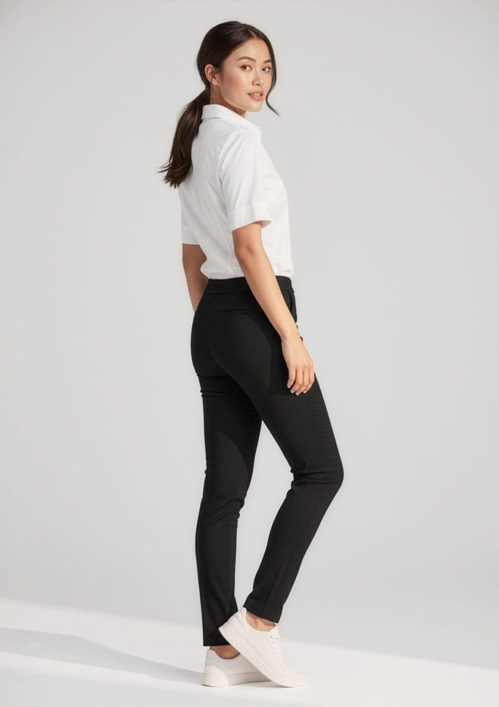 A woman wearing black stretch pants paired with a white shirt and white shoes, featuring a simple background. Womens Jane Stretch Pant - Image 1