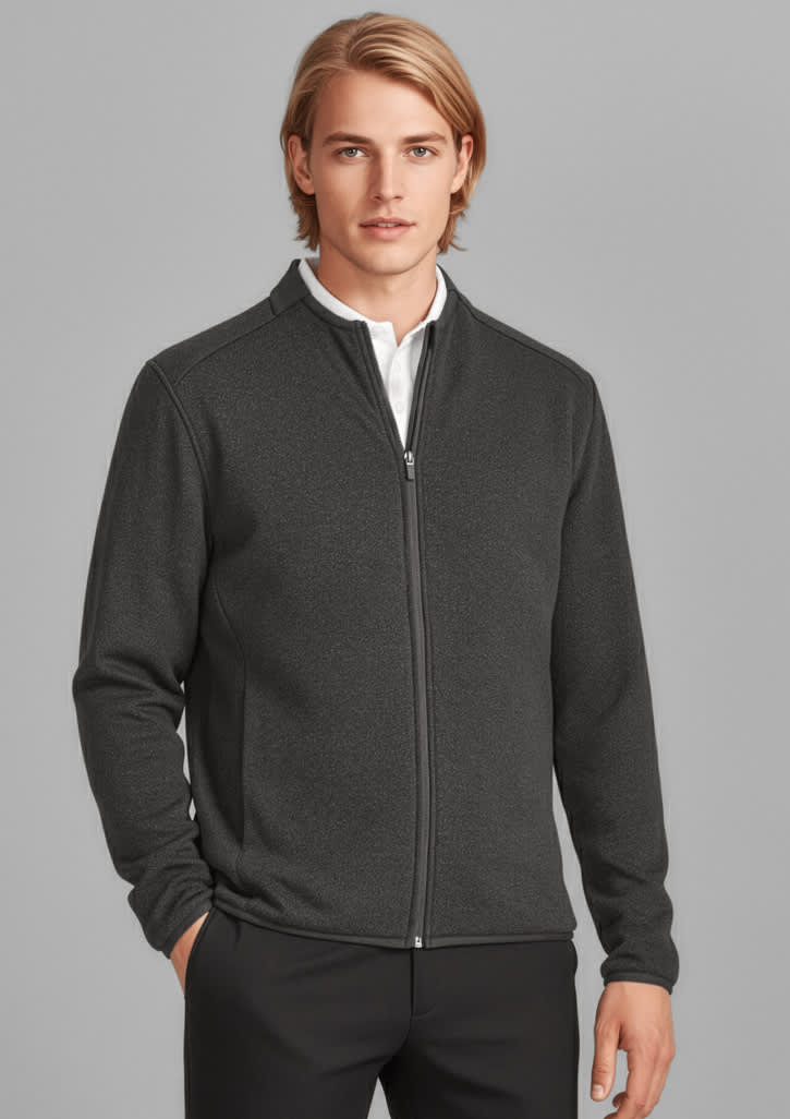 A grey zip-front jumper for men, featuring a high collar and a logo on the chest. Suitable for casual or smart-casual wear. Mens Nova Zip Front Jumper - Image 1