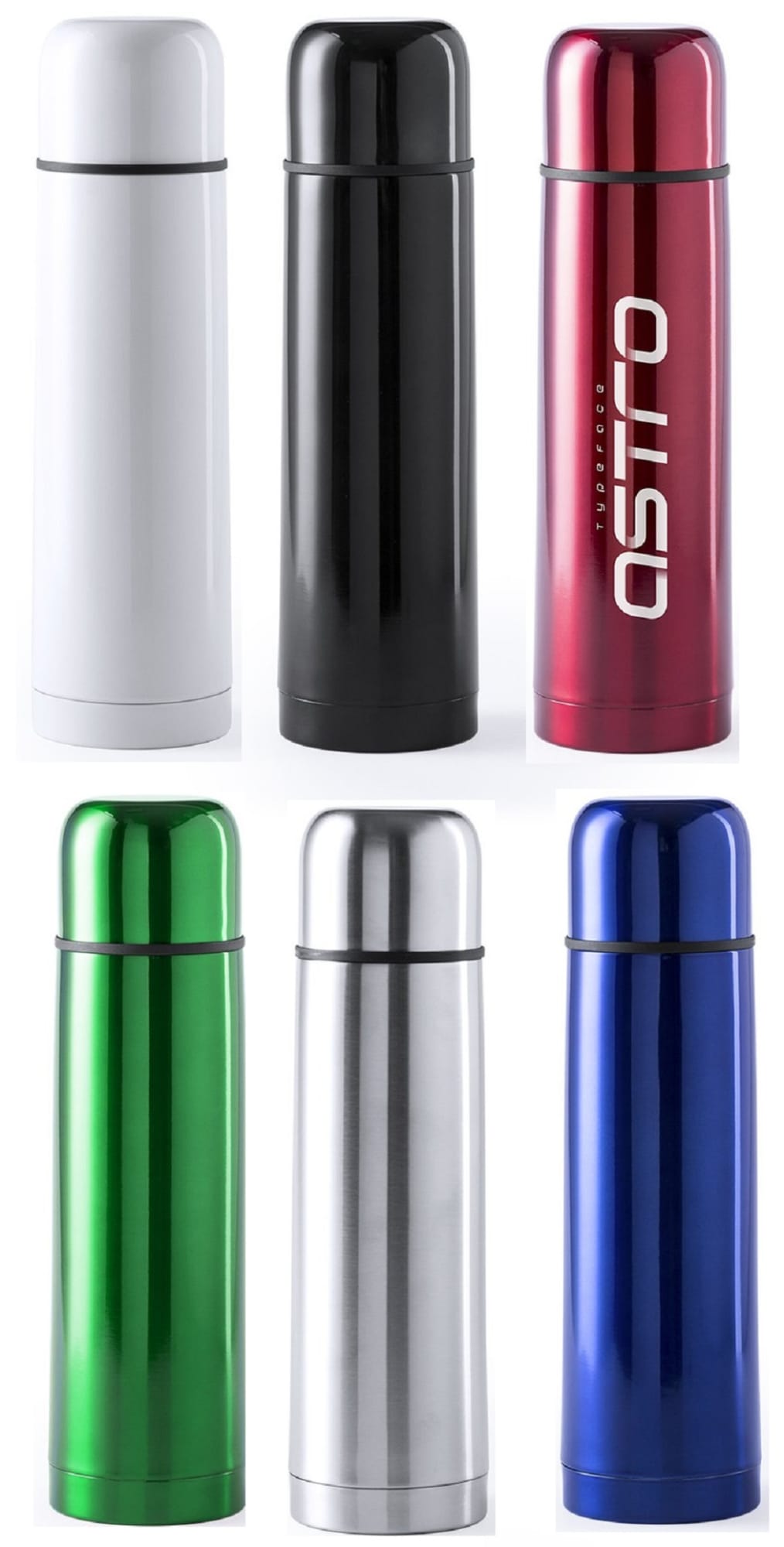 A set of six thermos drink bottles in white, black, red, green, silver, and blue, each with a logo. Tancher - Image 1