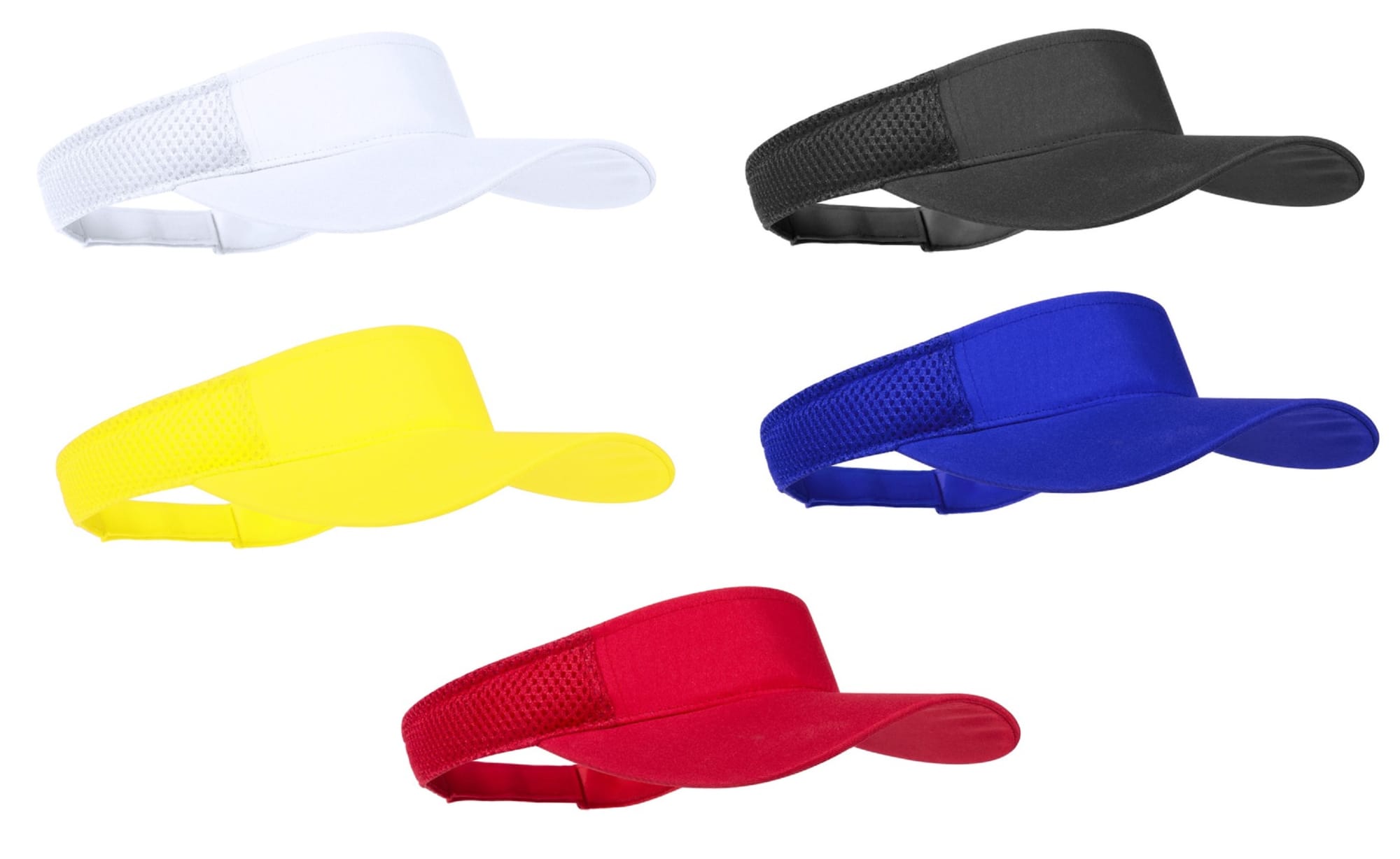 A set of five visors in white, black, yellow, red, and blue, each featuring a mesh back and curved brim. Gonnax - Image 1