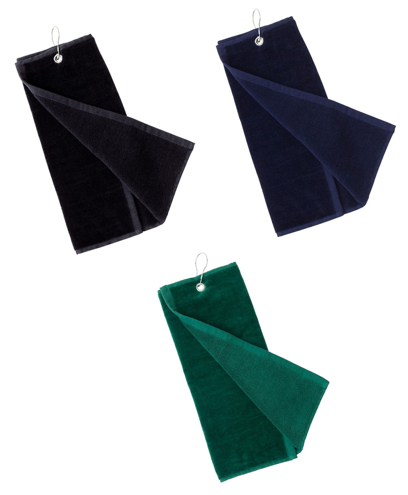 A set of three towels in black, navy blue, and green, each hanging from a clip. Tarkyl - Image 1
