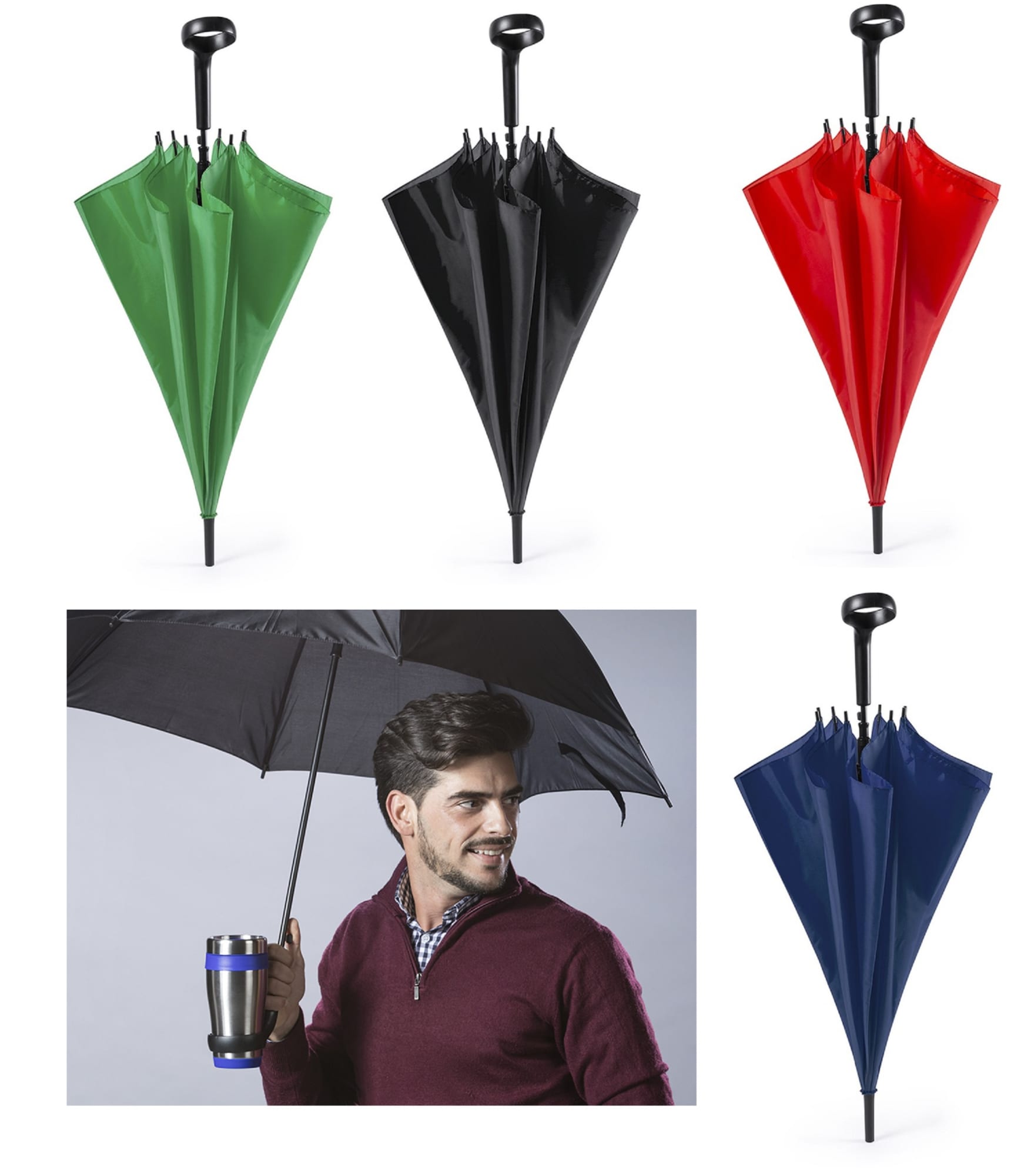 A set of four umbrellas in green, black, red, and blue, with a person holding a black umbrella and a drink bottle. Umbrella Briam - Image 1