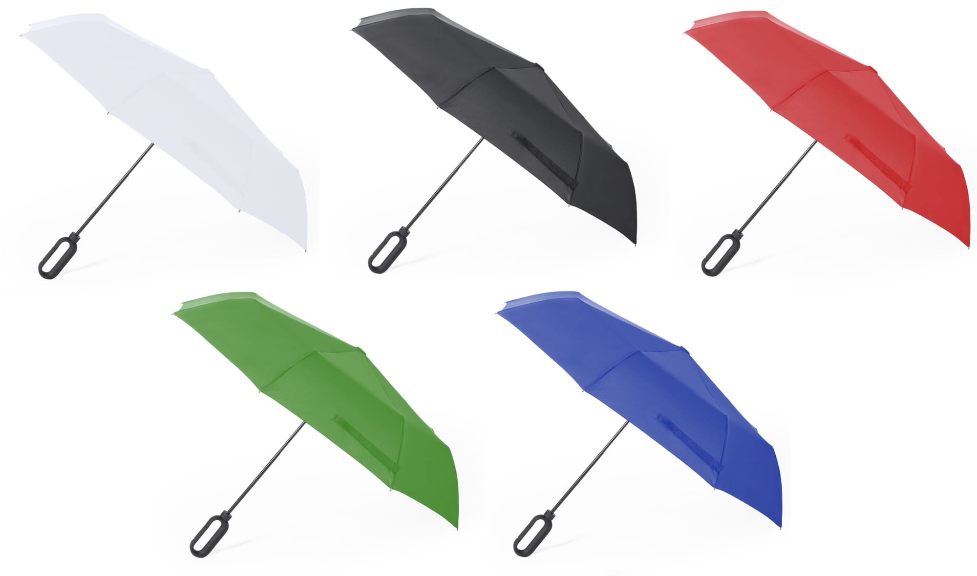 A collection of five umbrellas in white, black, red, green, and blue, featuring a curved handle. Brosmon - Image 1
