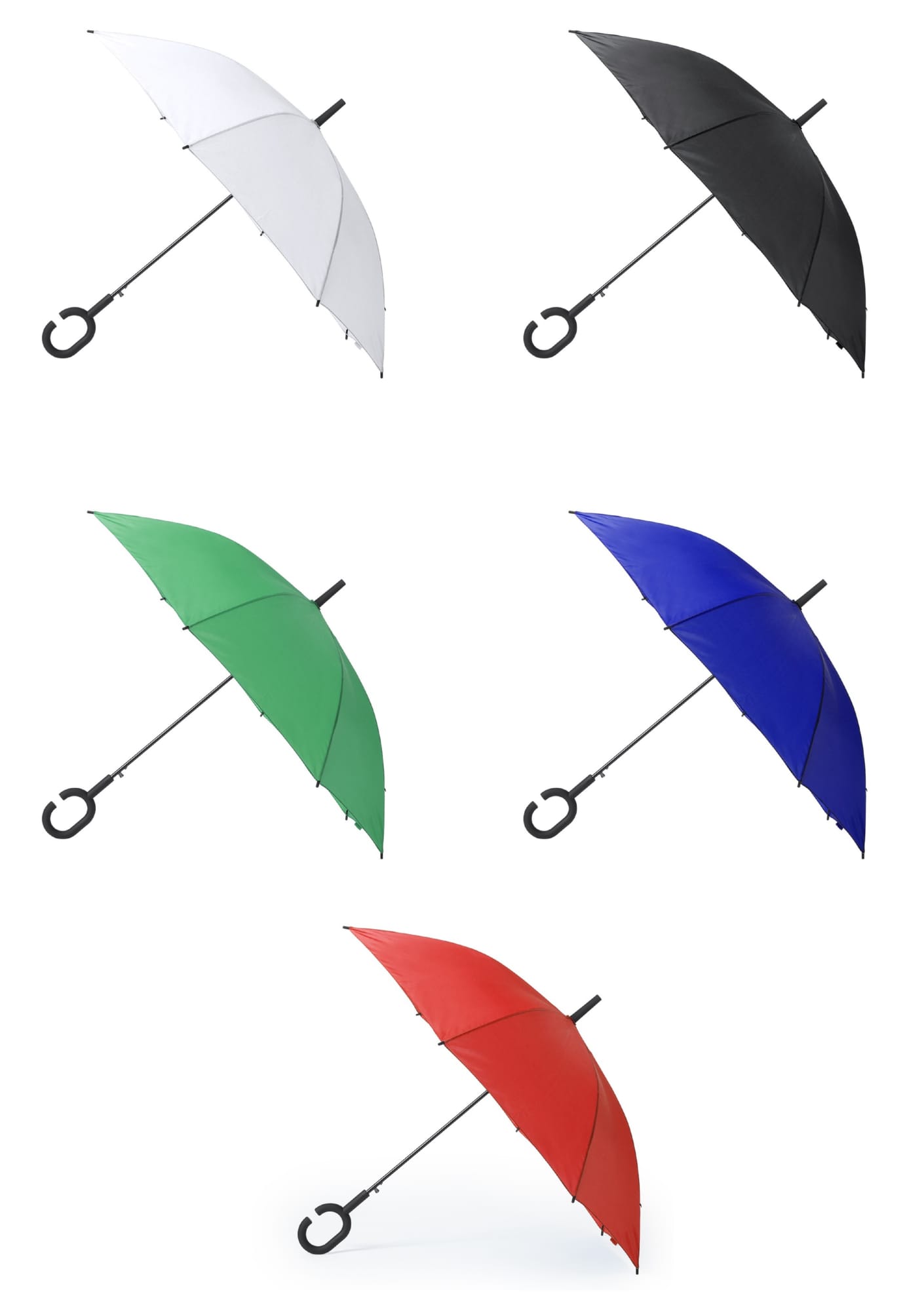 A collection of five umbrellas in white, black, green, blue, and red, each with a round handle and a branding logo. Halrum - Image 1