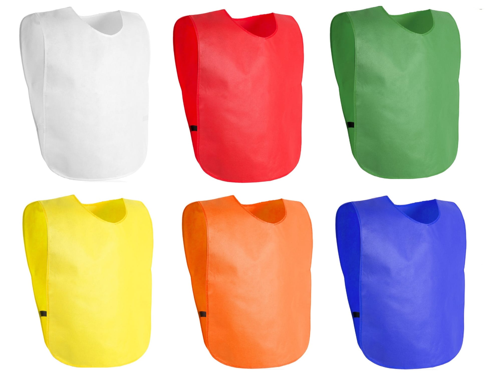 A set of six activity vests in white, red, green, yellow, orange, and blue, each with a logo on the front. Cambex - Image 1