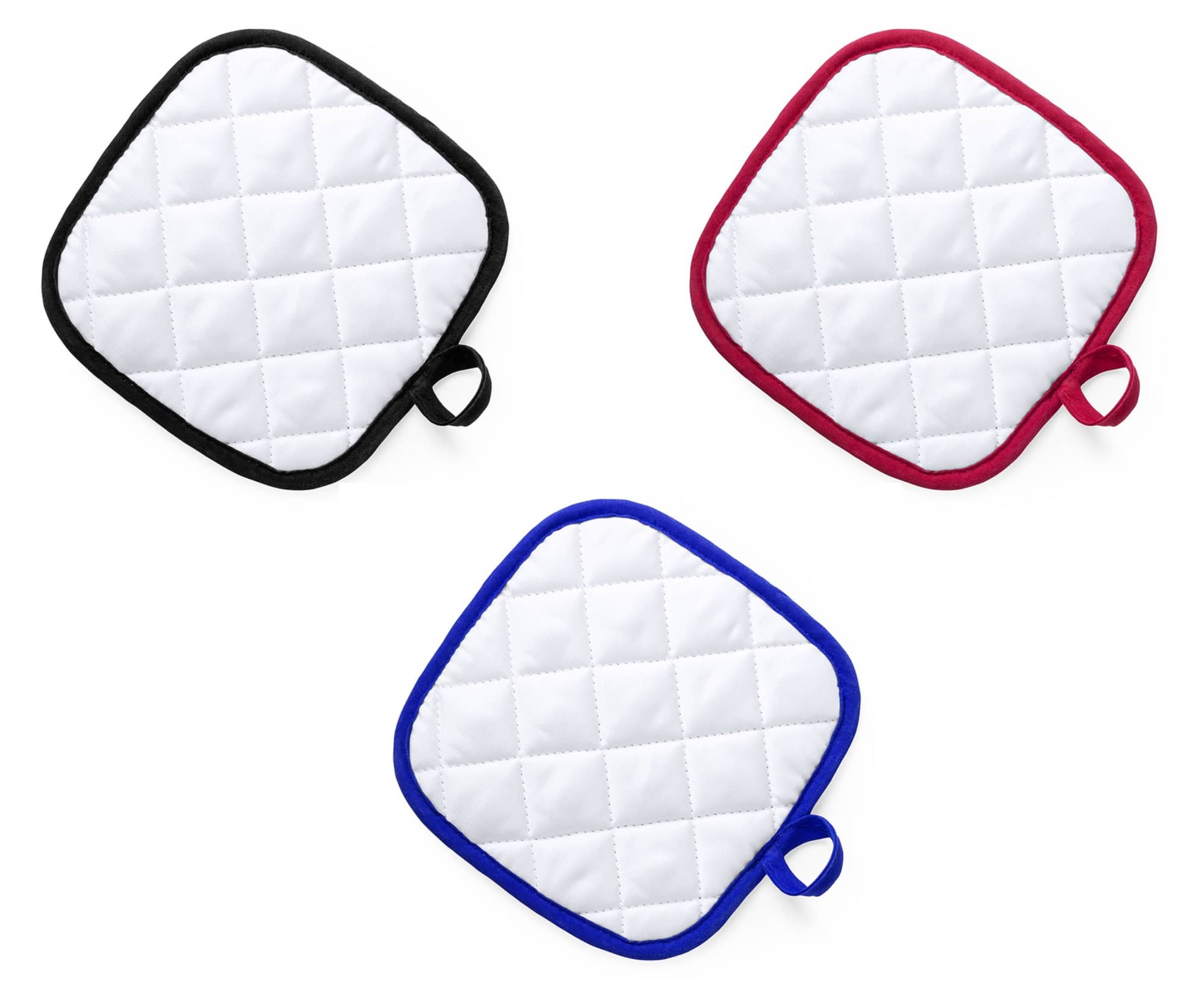 Three quilted pot holders in black, red, and blue, each with a loop for hanging. Kalmont - Image 1