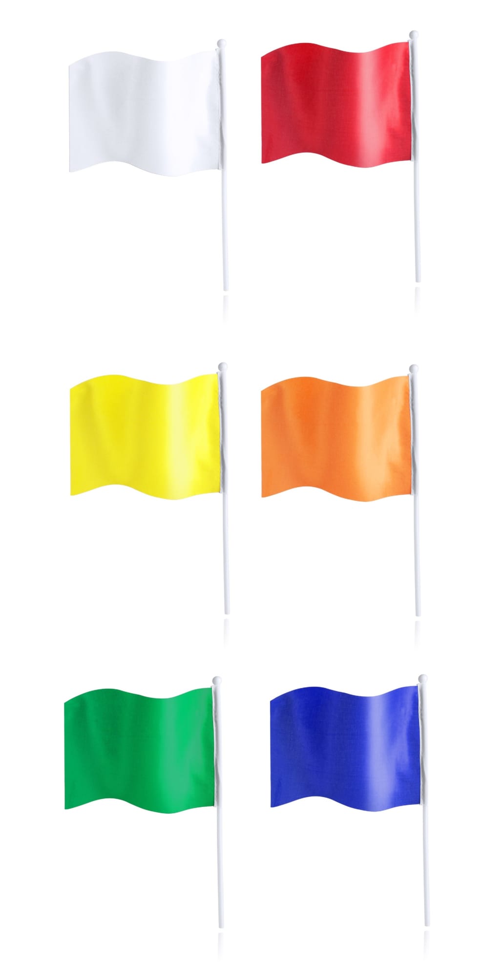 A set of six flags in white, red, yellow, orange, green, and blue, attached to white poles. Rolof - Image 1