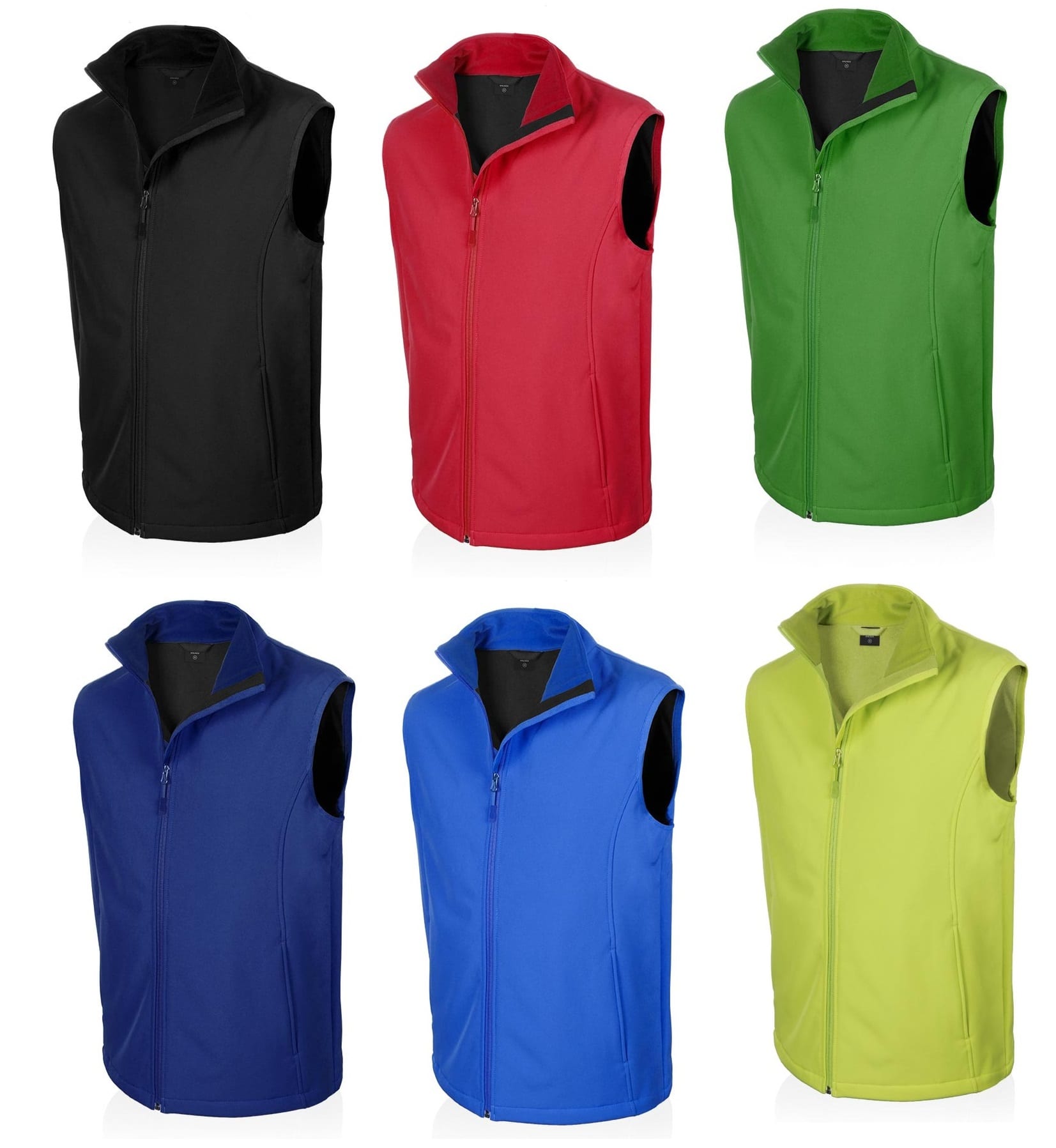 A collection of six vests in black, red, green, blue, yellow, and dark blue, featuring a zip front and no sleeves. Balmax - Image 1
