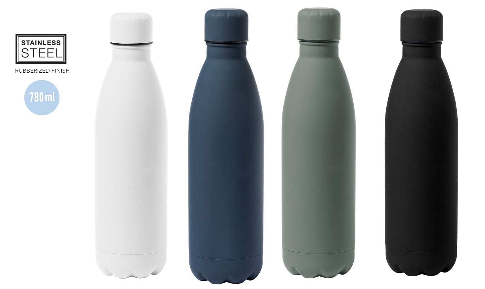 A drink bottle collection featuring matte white, green, black, and dark grey options, made of stainless steel with a brushed finish. Jenings - Image 1