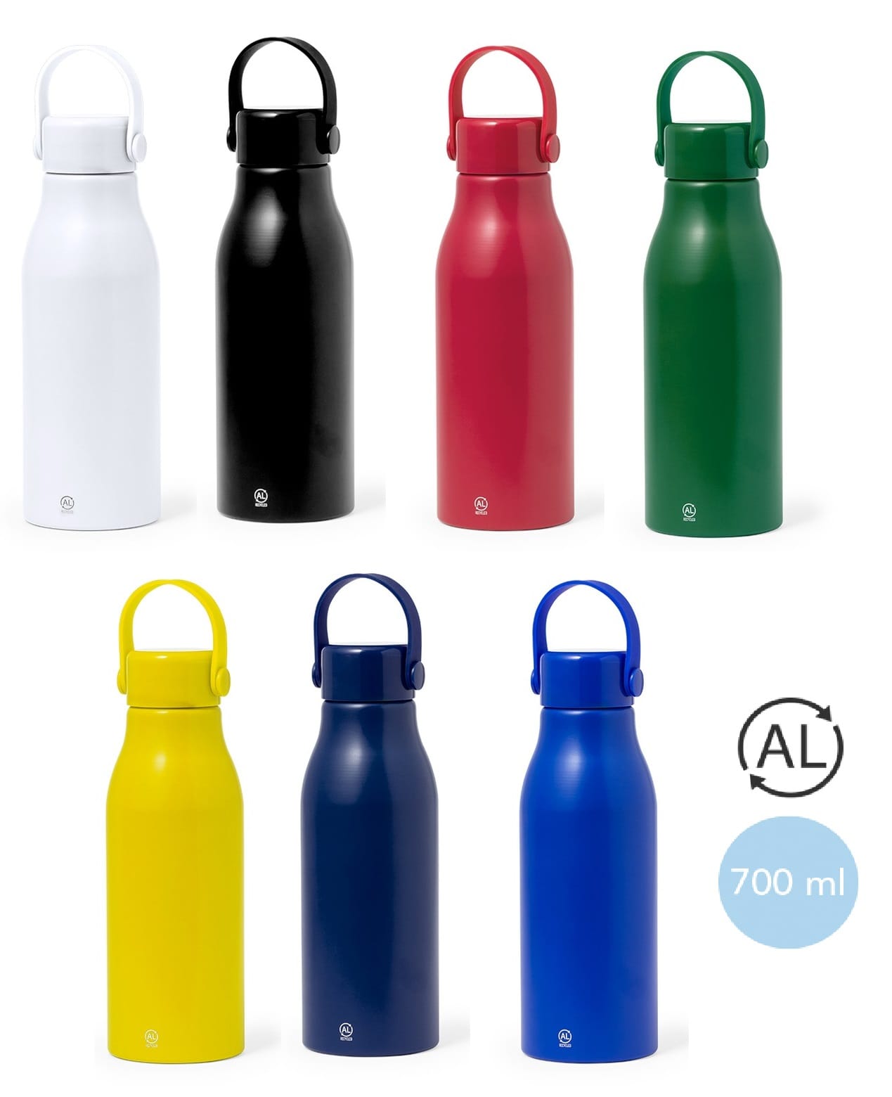 A drink bottle collection featuring white, black, red, green, yellow, and navy colours, with a logo and 700 ml capacity. Perpok - Image 1