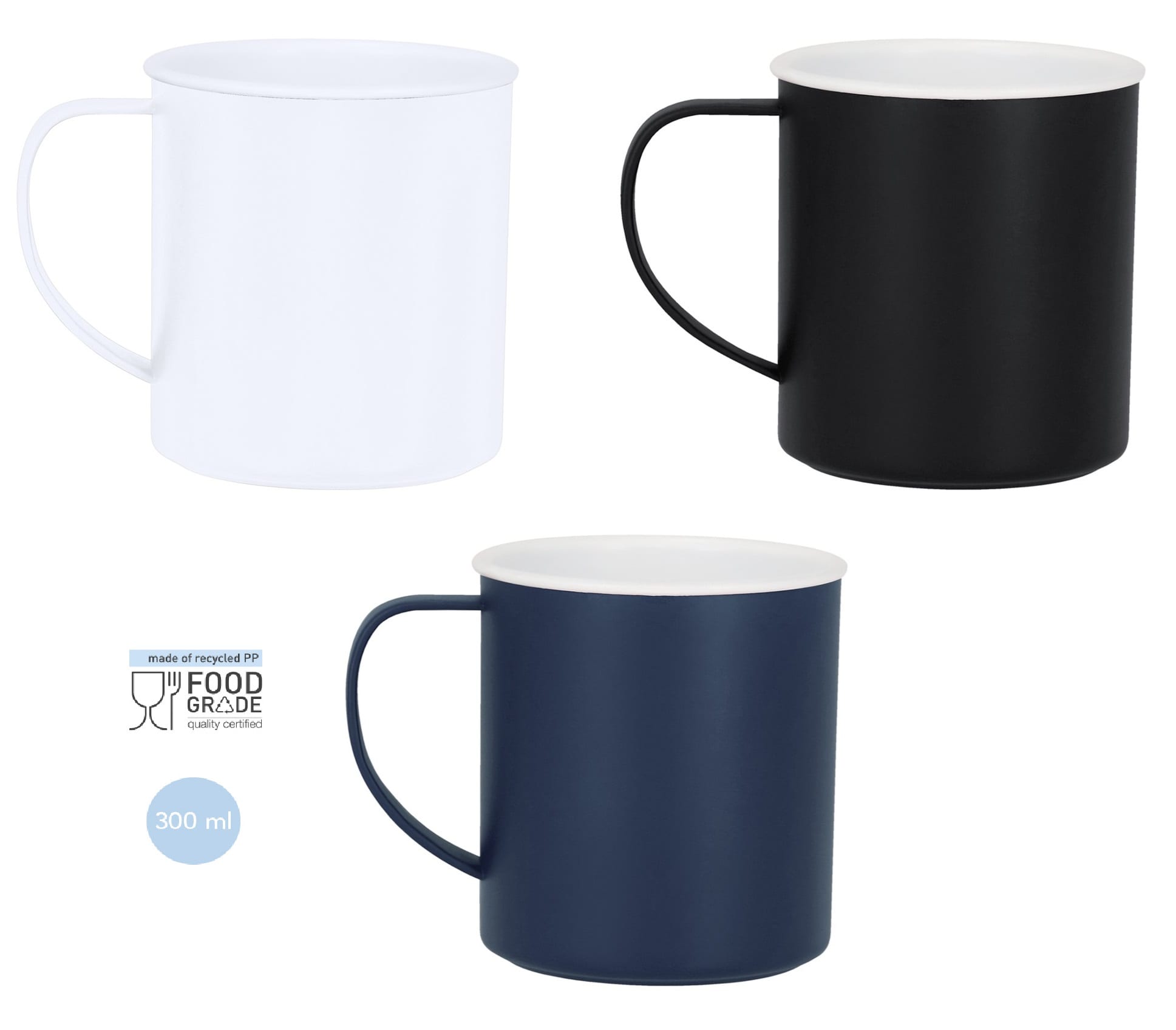 A drink bottle featuring three mugs in white, black, and navy blue with handles, showcasing a minimalist design. Mayfer - Image 1