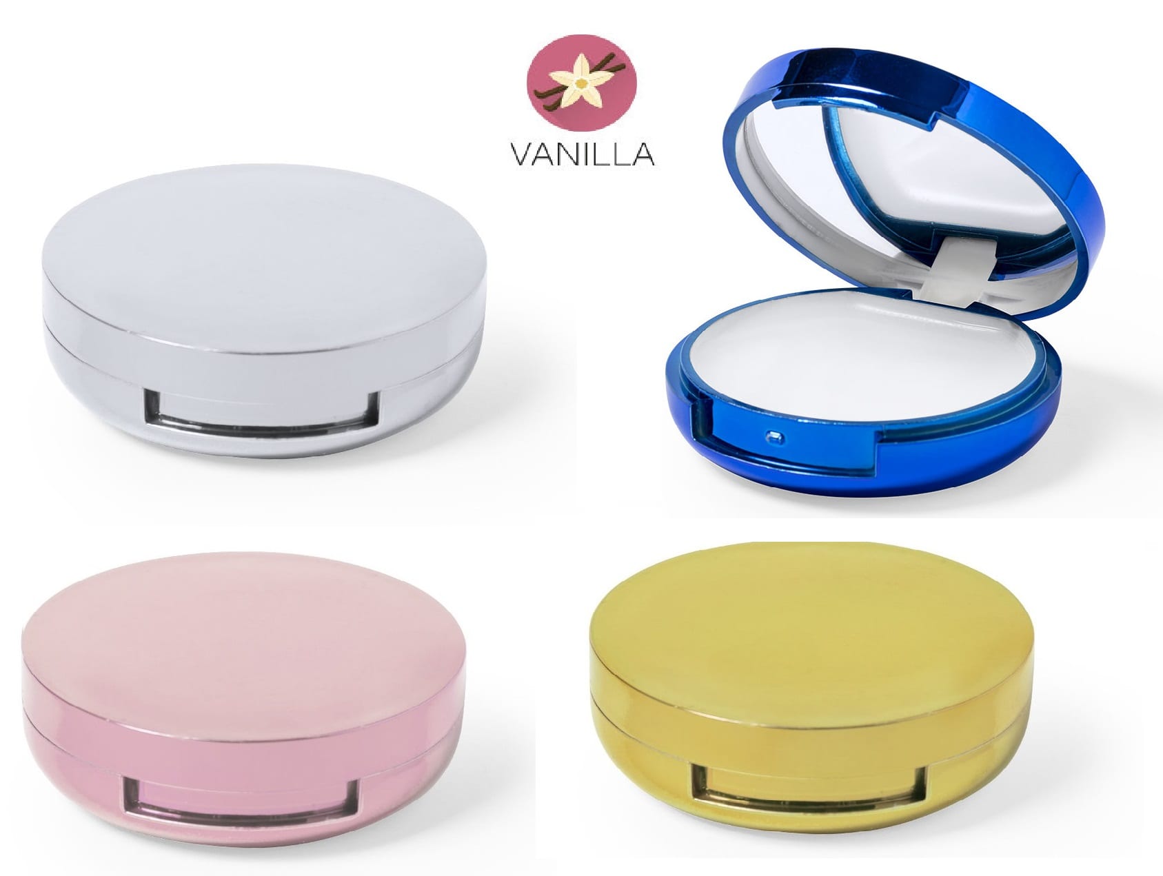 A compact mirror set featuring a silver, blue, pink, and yellow mirrored case, with a logo above. Zendal - Image 1