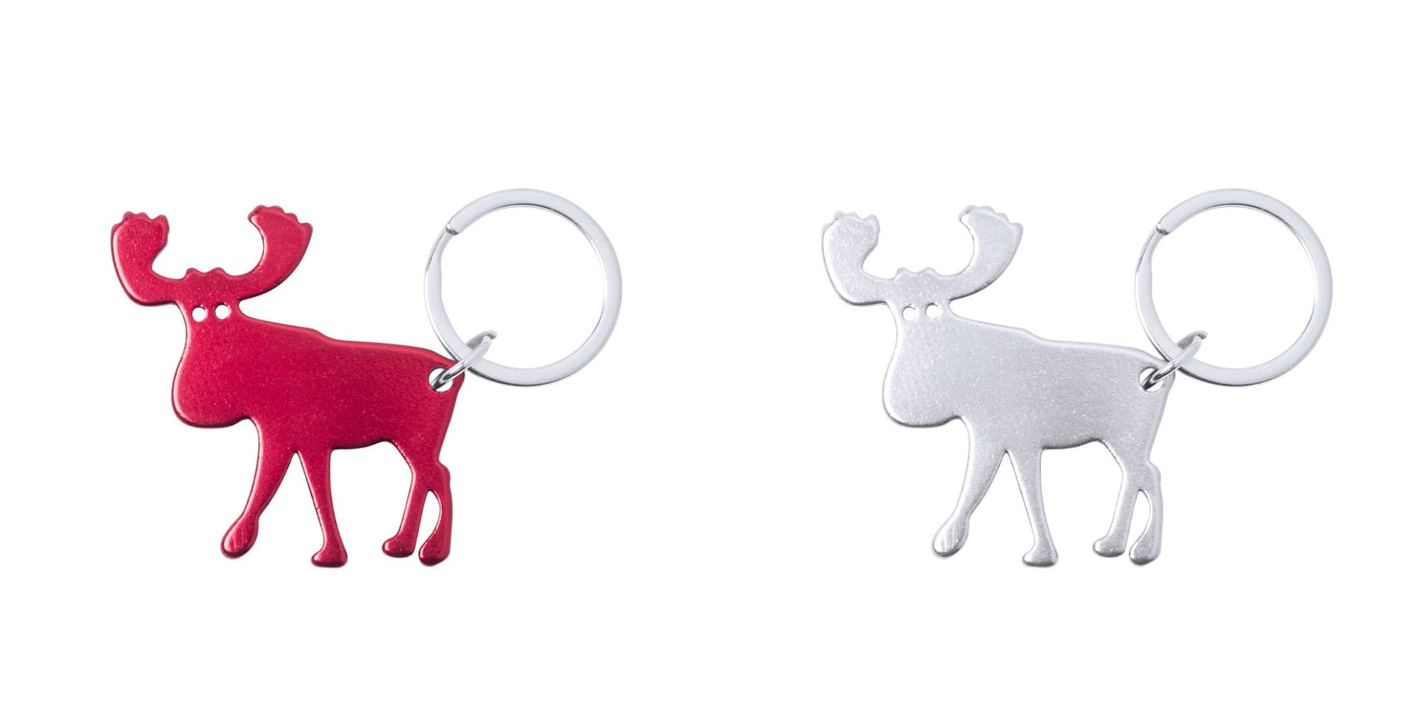 Two keychains in the shape of moose, one in bright pink and the other in silver, each attached to a metal ring. Pudox - Image 1