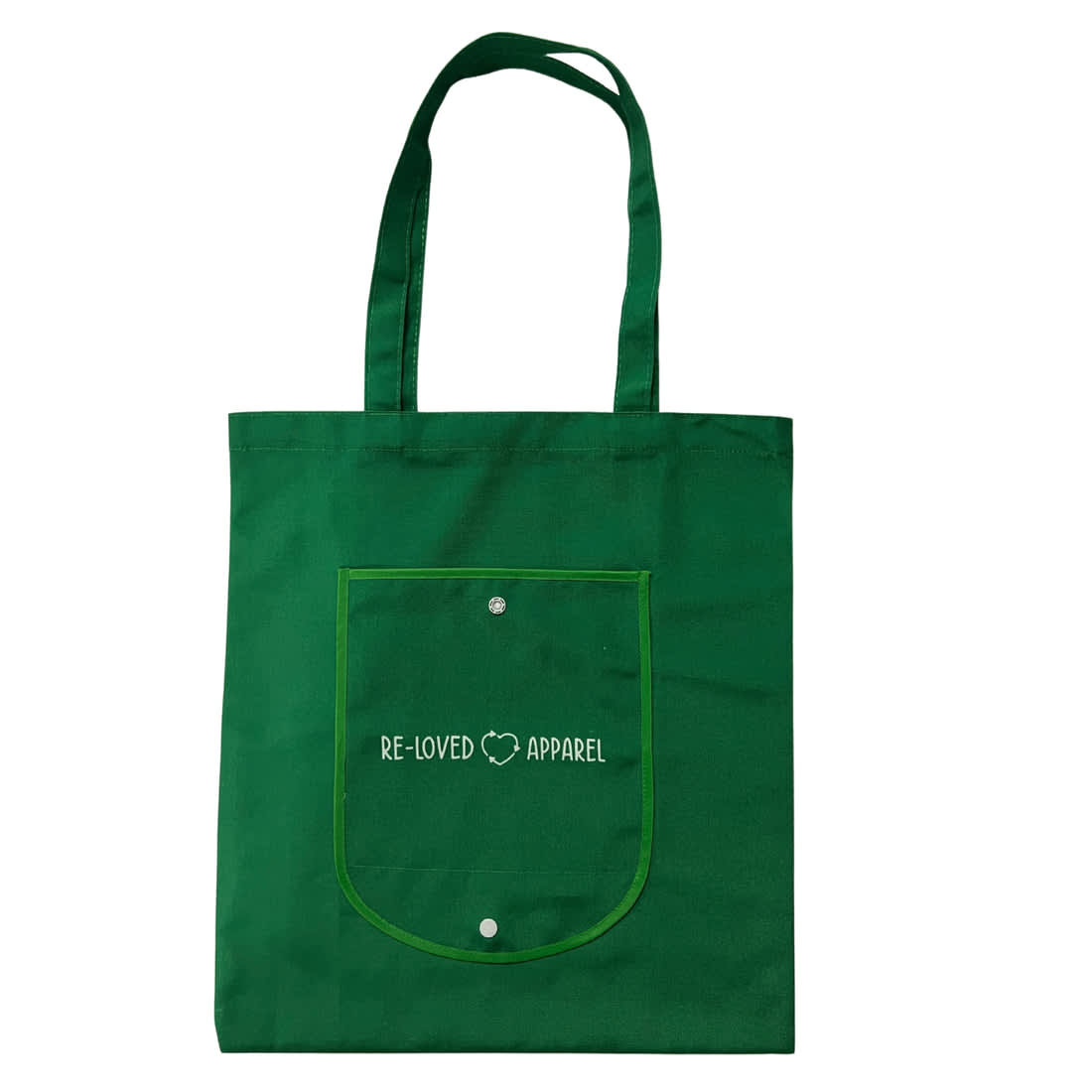 A green tote bag with a front pocket and a logo. It features two sturdy handles for carrying. Corroboree Organic Cotton Tote Bag - Image 1