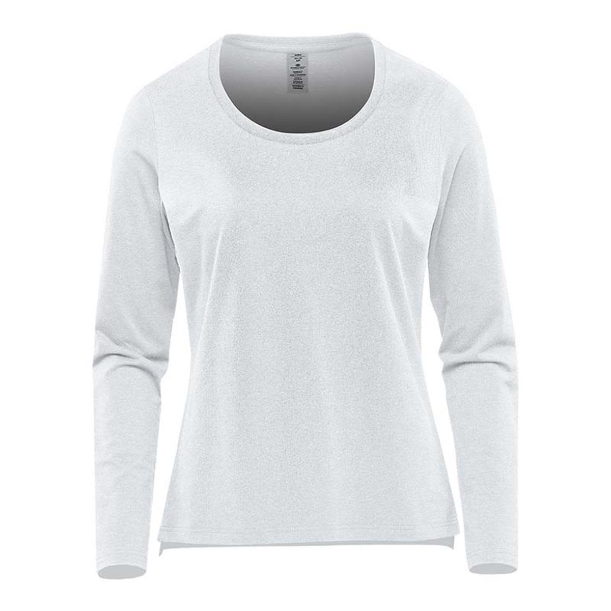 A light grey long sleeve performance tee featuring a round neckline and logo on the label. Women's Montebello Performance Long Sleeve Tee - Image 1