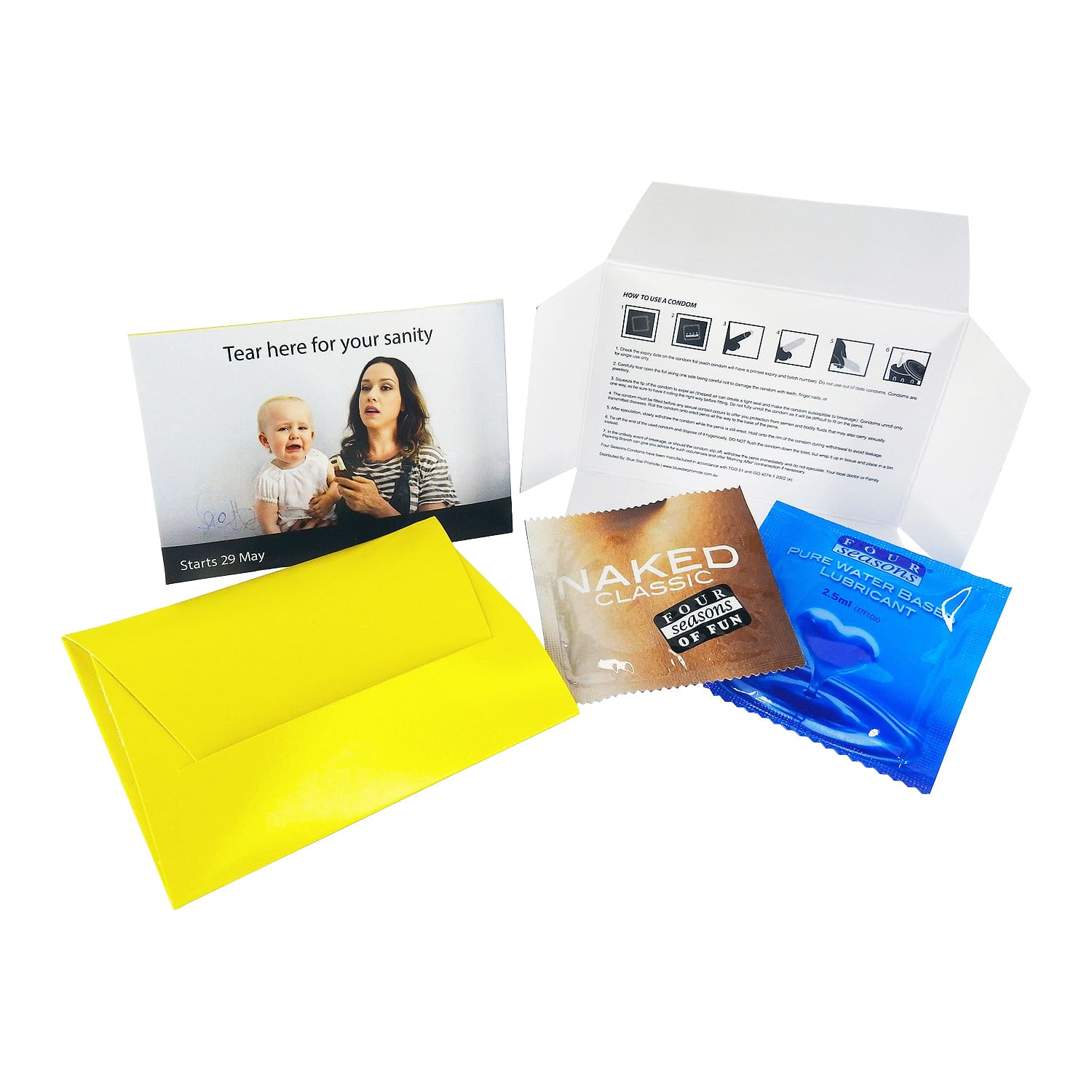 A yellow envelope containing two packets, one of lubricant and one of a condom, alongside promotional material. Condom and Lubricant Sleeve - Image 1