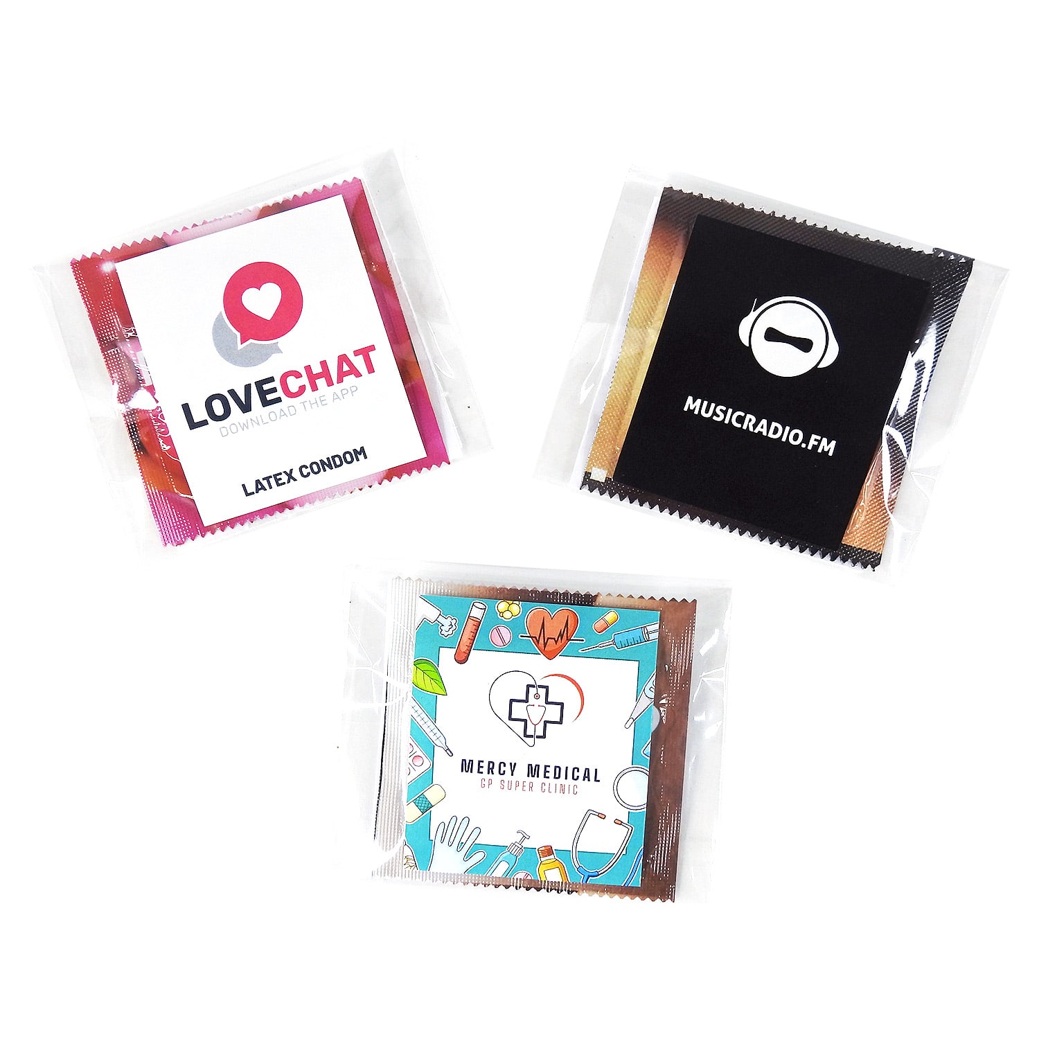 A pack containing three individually wrapped condoms with various branding designs and colours. Condom Pack - Image 1