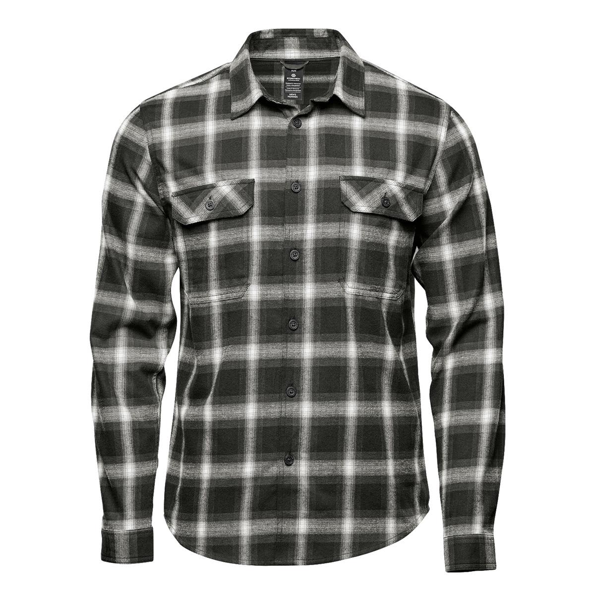 A long-sleeve button-up shirt in green and white plaid with chest pockets and a logo. Men's Chesapeake L/S Shirt - Image 1