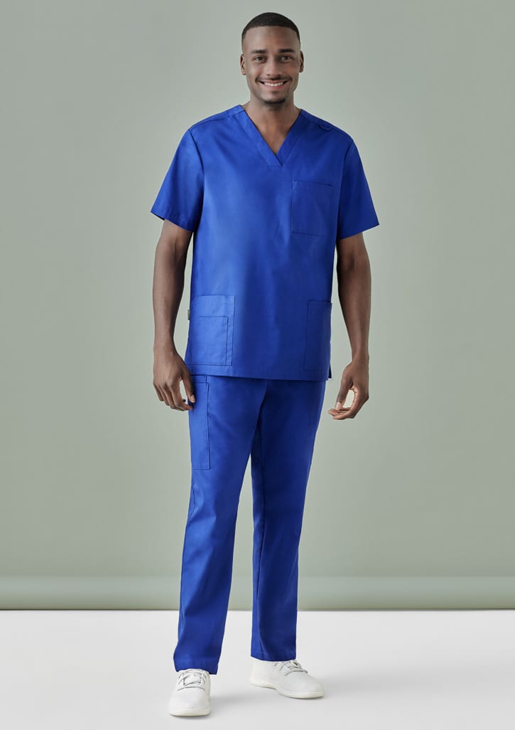 Men's scrub pants in vibrant blue, paired with a matching scrub top, featuring pockets. The model is standing against a neutral background. Mens Tokyo Scrub Pant - Image 1