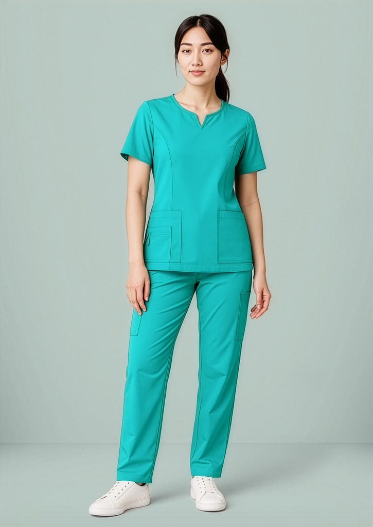 A women's scrub top in teal, featuring a round neck and two front pockets, styled with matching pants. Womens Avery Slim Leg Scrub Pant - Image 1