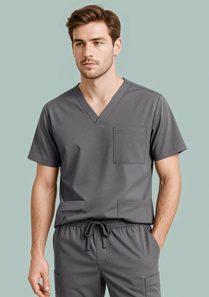 Men's V-neck scrub top in grey, featuring a pocket and a branded logo. Simple and professional design. Mens Avery V-Neck Scrub Top - Image 1
