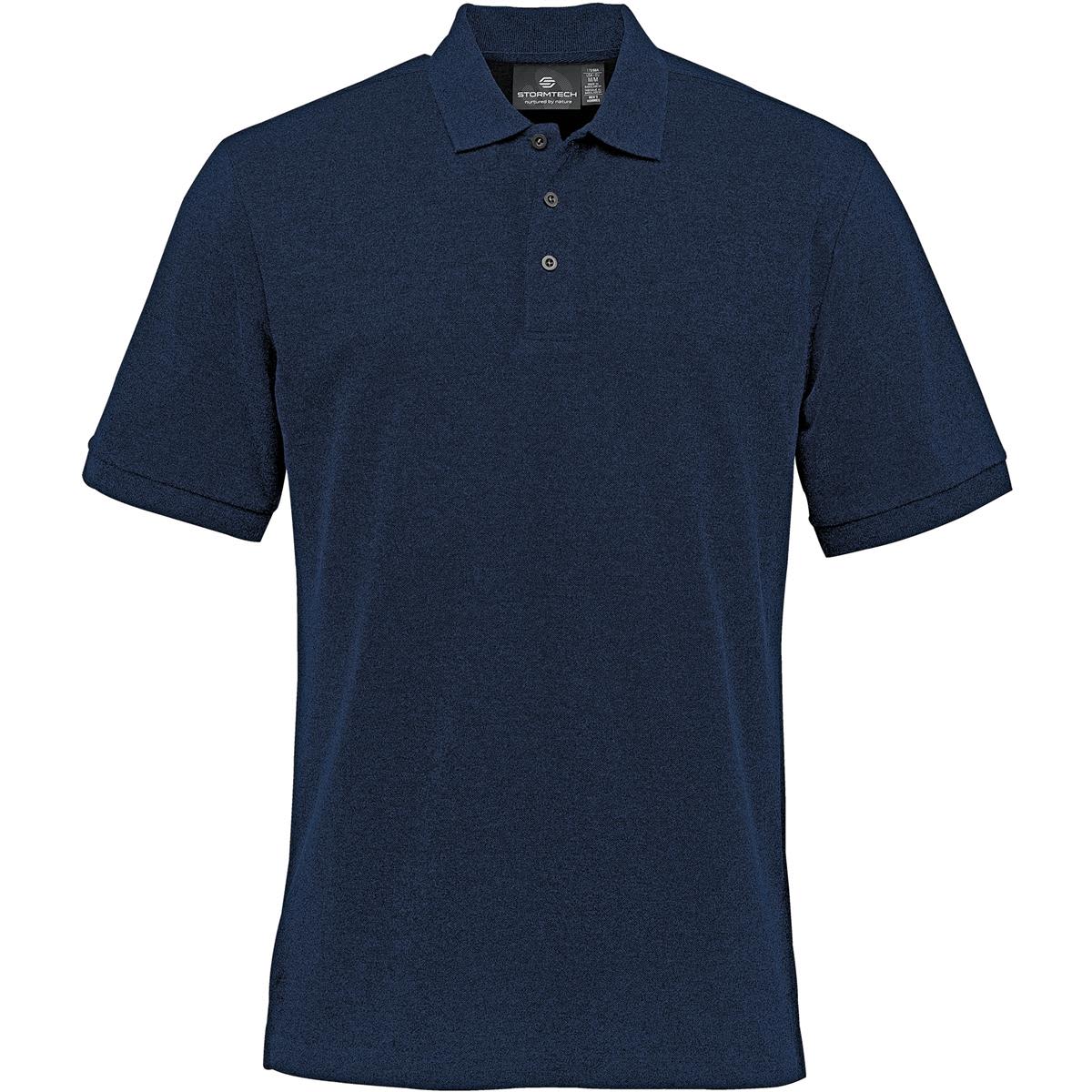 A navy blue stretch pique polo shirt featuring a collar and logo. Men's Nantucket Stretch Pique Polo - Image 1