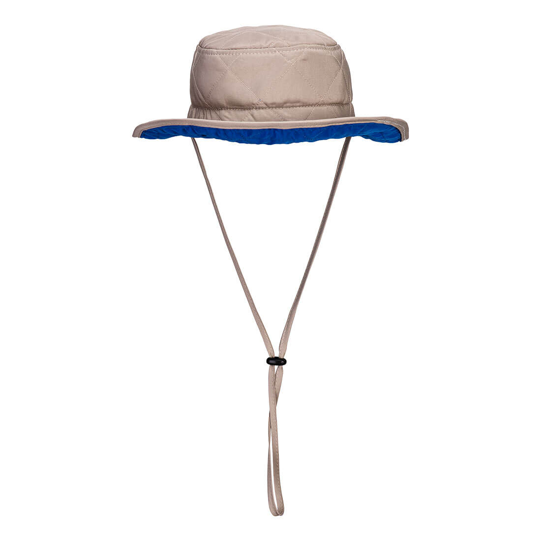 A beige hat with a blue inner lining and a chin strap. It has a wide brim for sun protection. Cooling Rangers Hat - Image 1