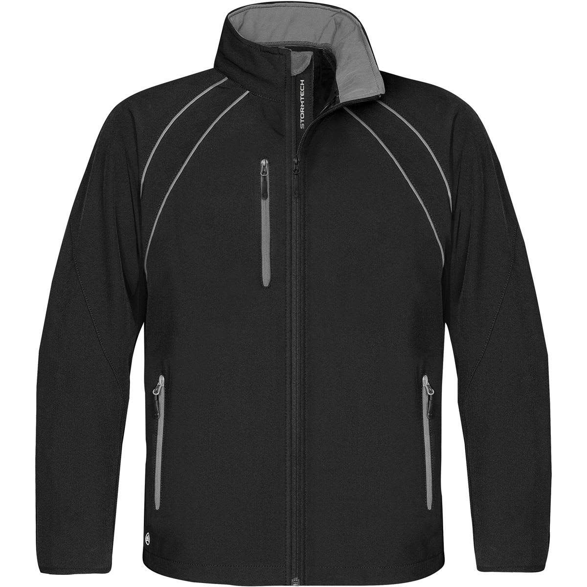 A black men's crew softshell jacket featuring grey accents and zippered pockets, with a logo on the front. Men's Crew Softshell - Image 1