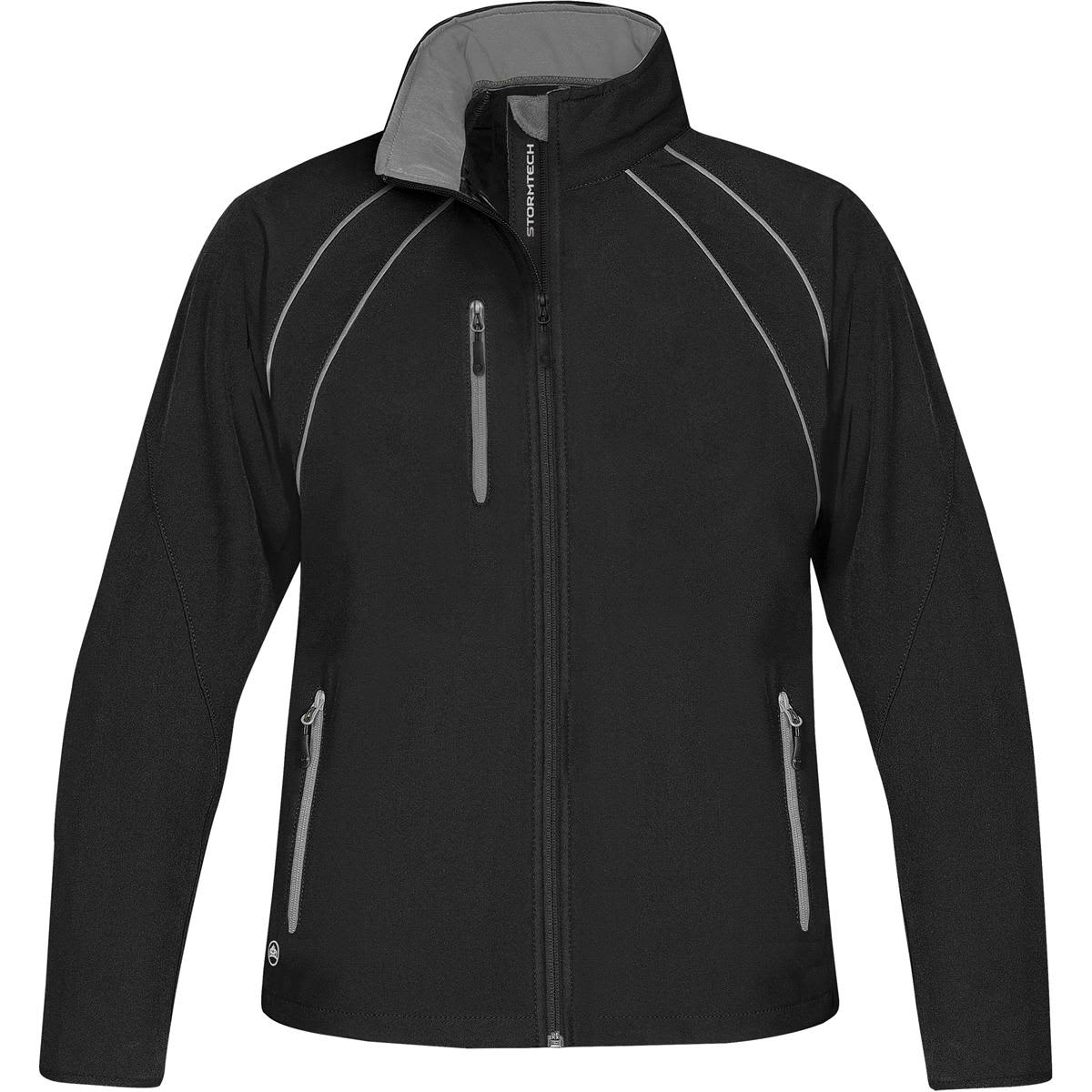 A women's black softshell jacket with grey accents and zippers, featuring a logo on the chest. Women's Crew Softshell - Image 1