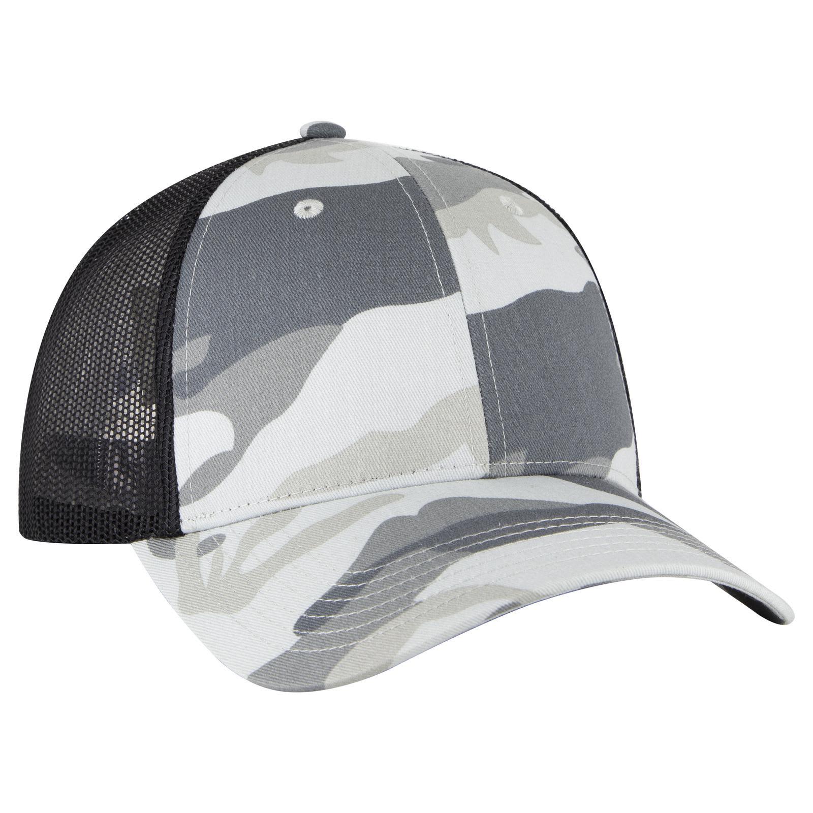 A camo-patterned grey and white trucker cap with a black mesh back and a curved brim. Camo 6 Panel Low Profile Trucker Cap - Image 1