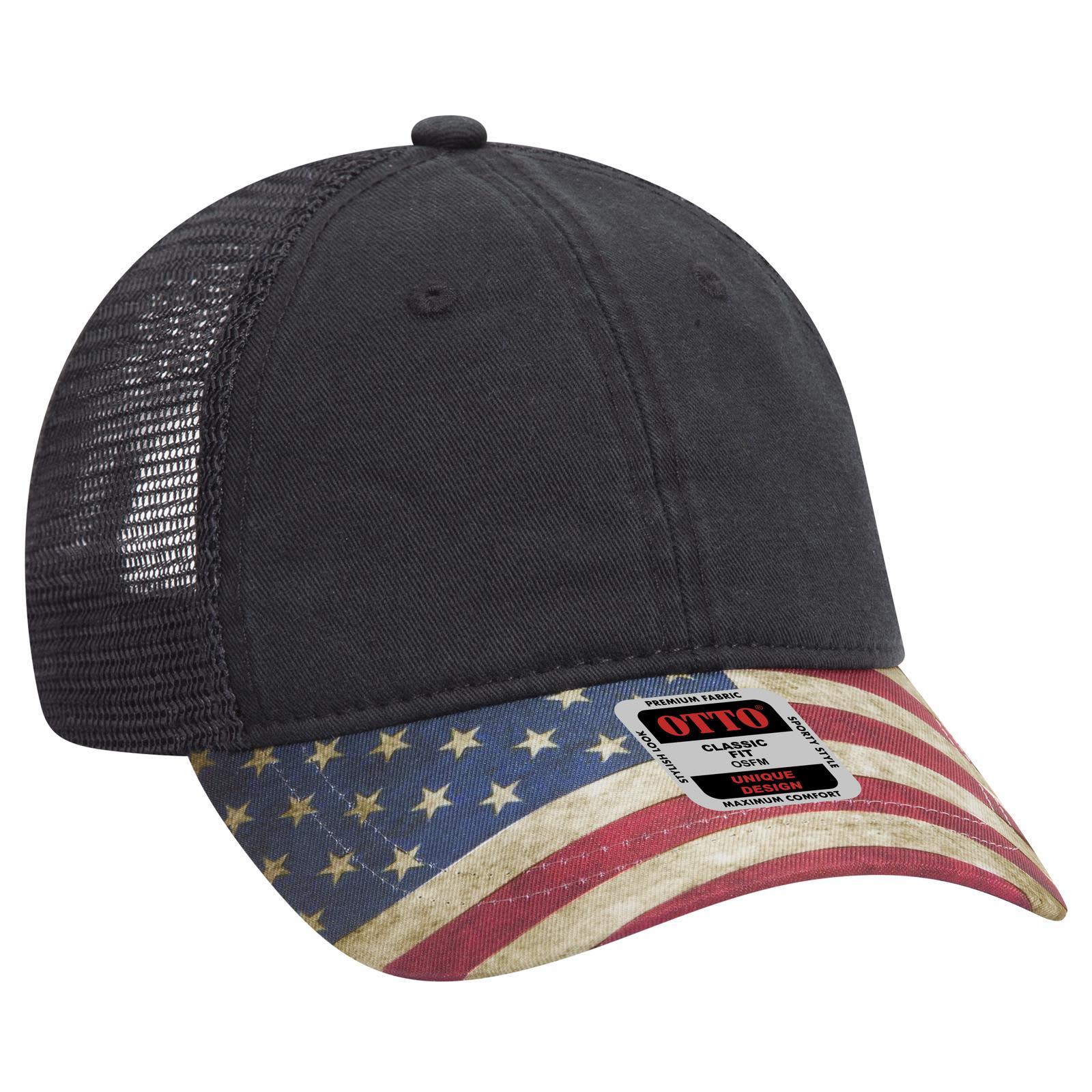 A low profile trucker cap featuring a black mesh back and a brim adorned with an American flag design. 6 Panel Low Profile Trucker Dad Cap - Image 1
