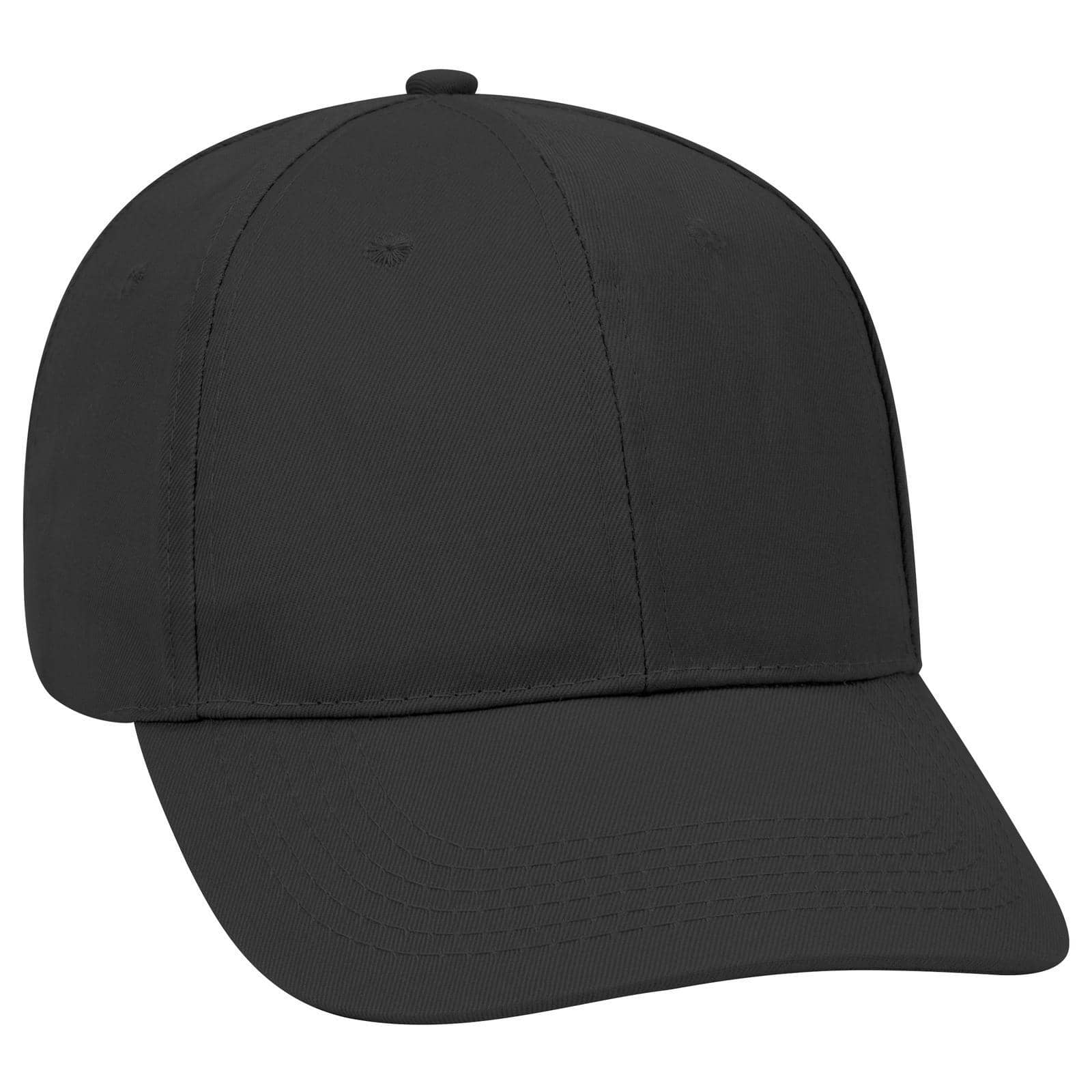 A black low-profile six-panel baseball cap featuring a curved brim and an emblem on the front. 6 Panel Low Profile Baseball Cap - Image 1