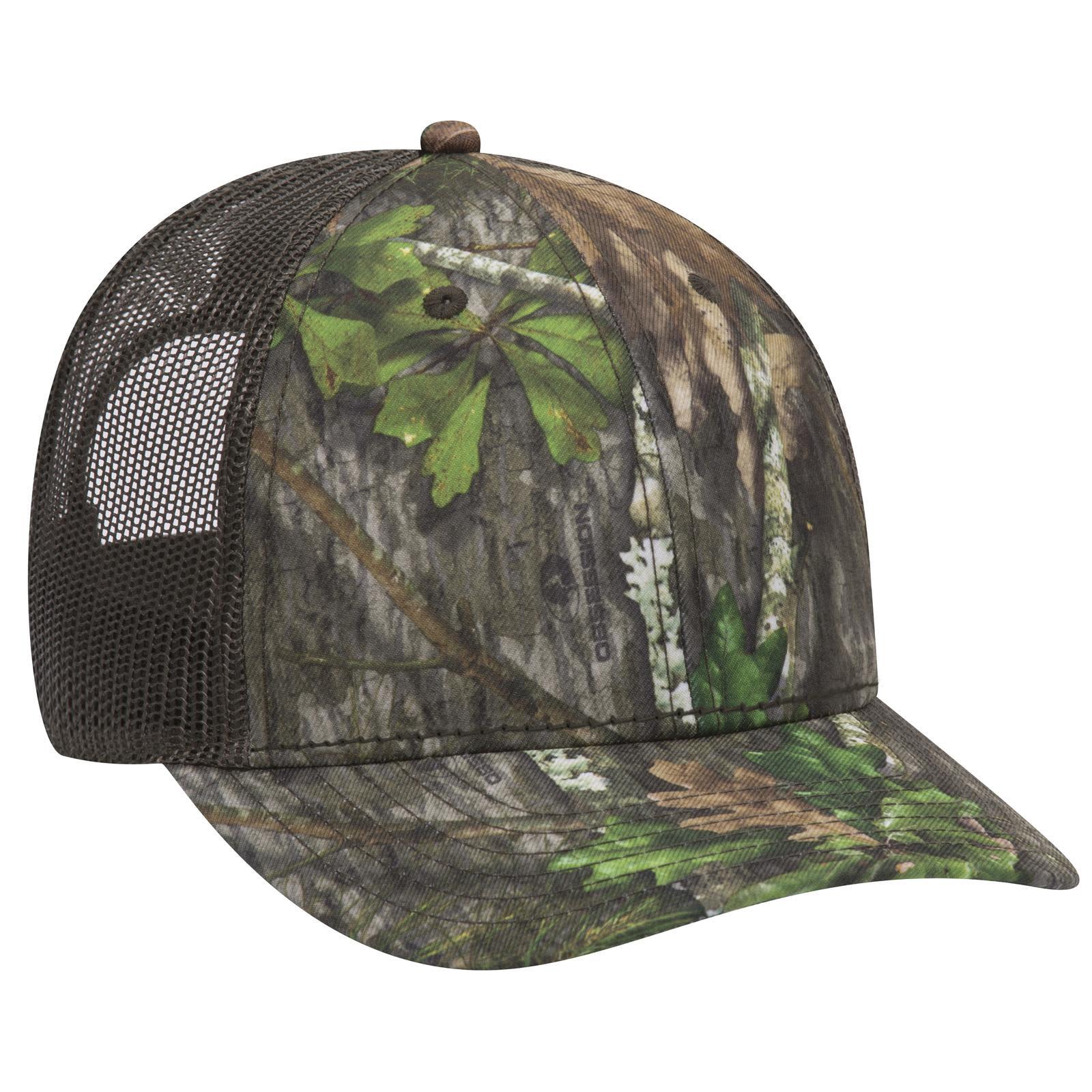A camo-patterned six-panel low-profile baseball cap with a mesh back in various shades of green and brown. Camo 6 Panel Low Profile Baseball Cap - Image 1