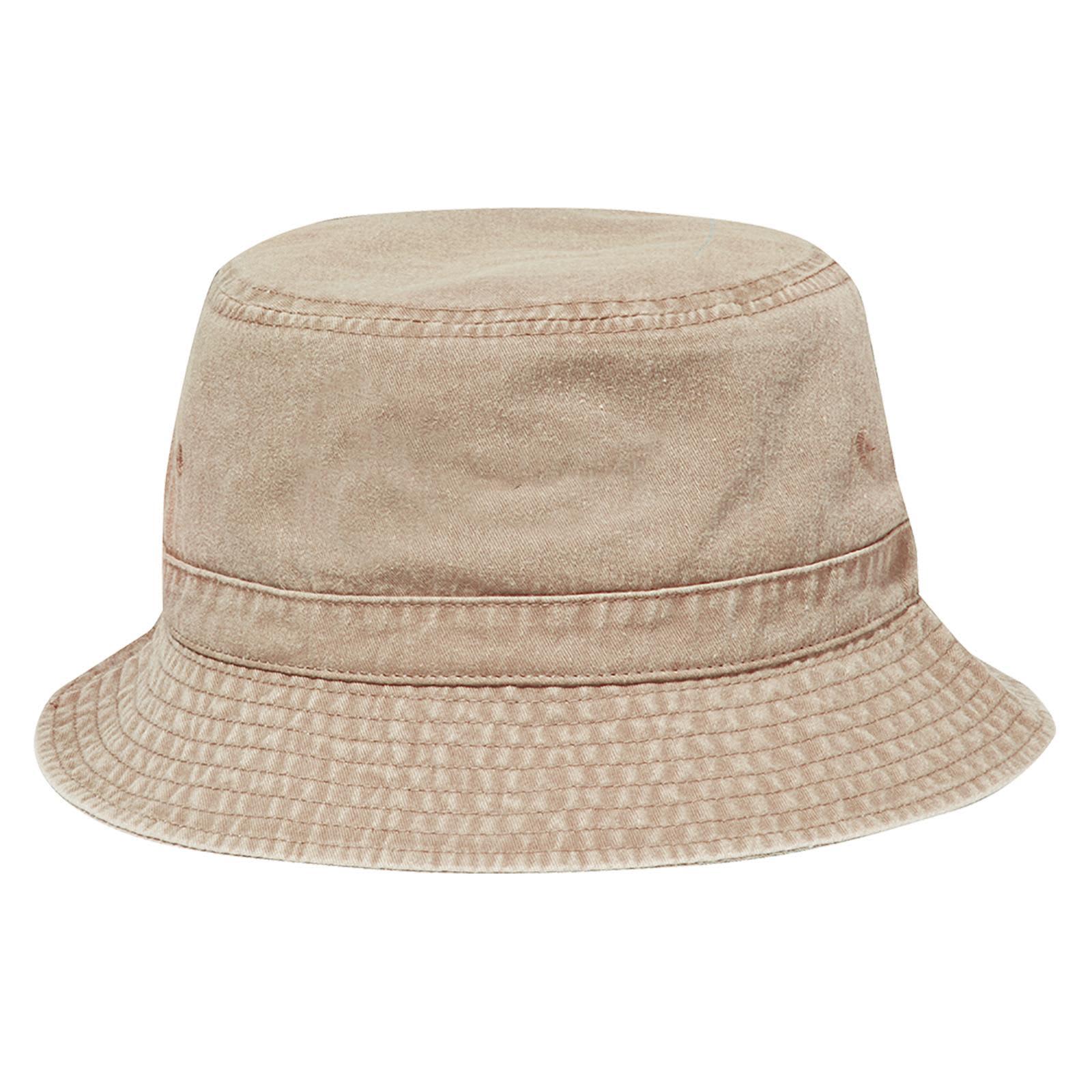 A beige bucket hat with a soft texture and a white interior band, featuring a logo on the side. Bucket Hat - Image 1