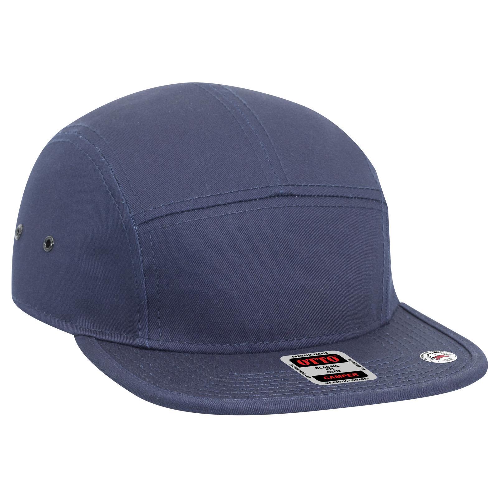 A 5-panel camper hat in navy blue featuring a structured design and branding on the side. 5 Panel Camper Hat - Image 1