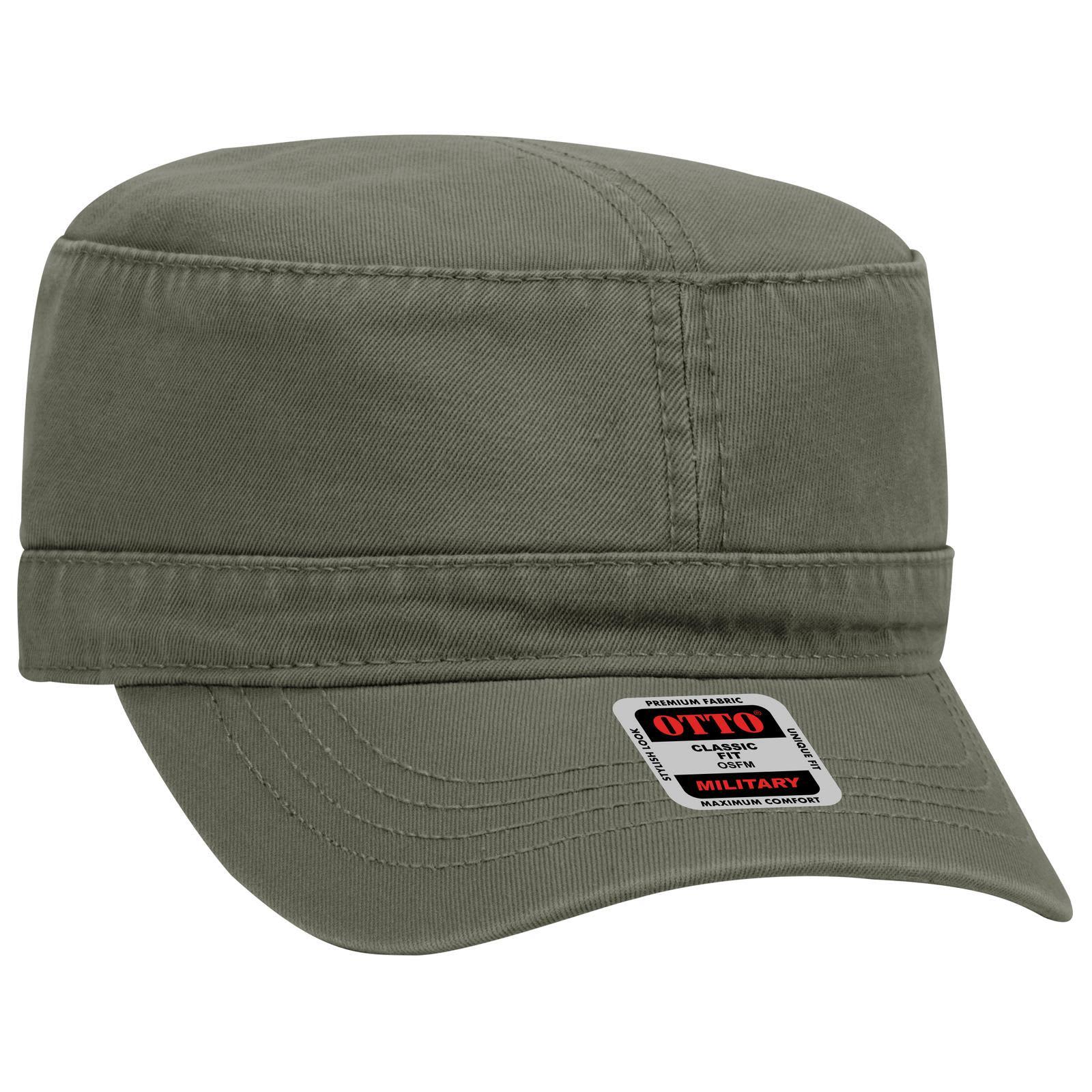 An olive green military hat with a structured crown and a flat brim, featuring a logo on the side. Military Hat - Image 1
