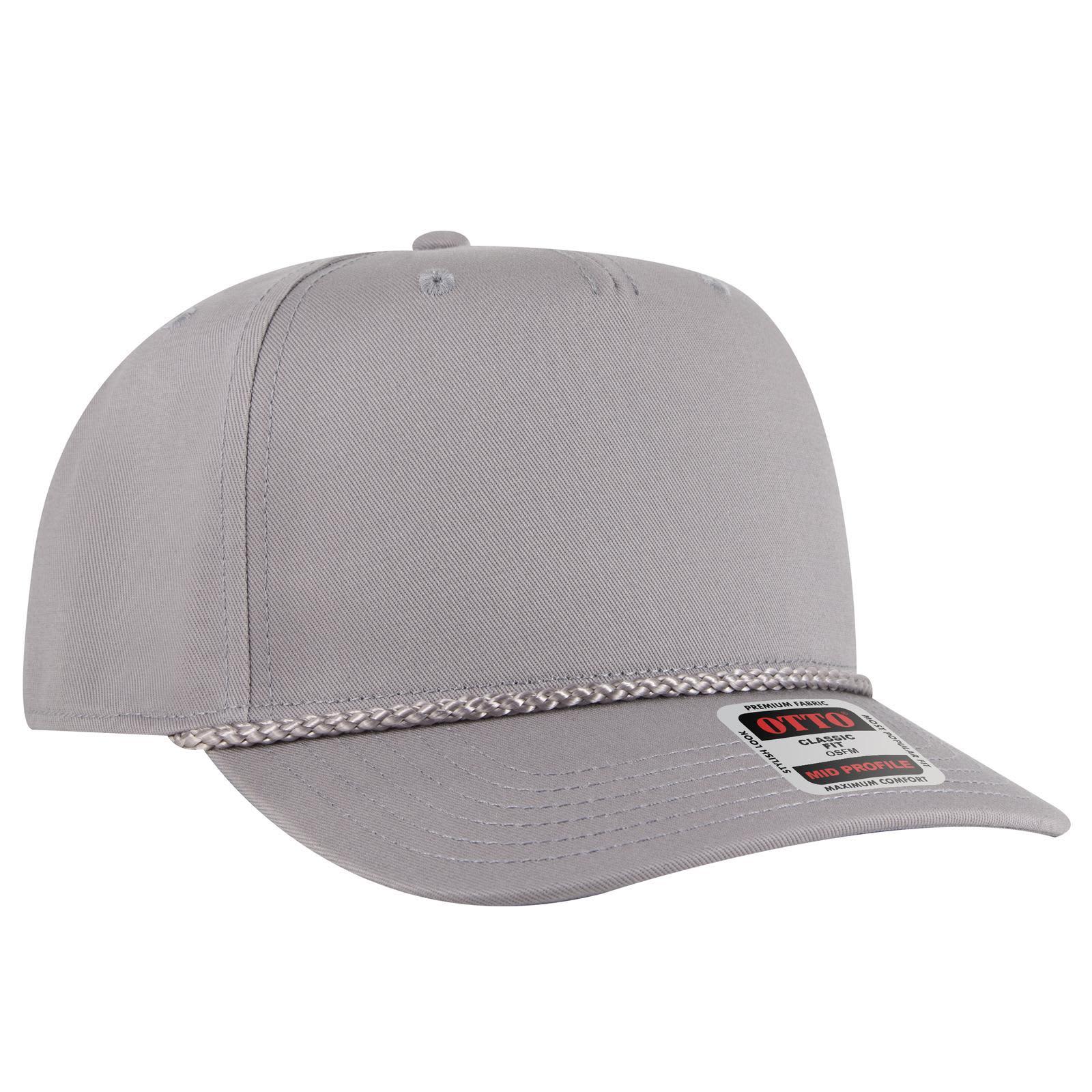 A grey 5 panel mid profile baseball cap featuring a braided accent and a logo on the front. 5 Panel Mid Profile Baseball Cap - Image 1