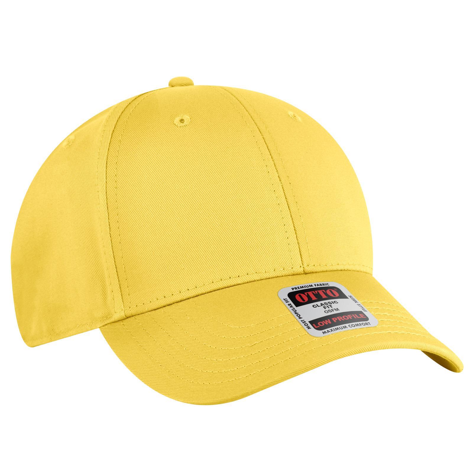 A yellow 6 panel low profile baseball cap with a branding label on the front. 6 Panel Low Profile Baseball Cap - Image 1