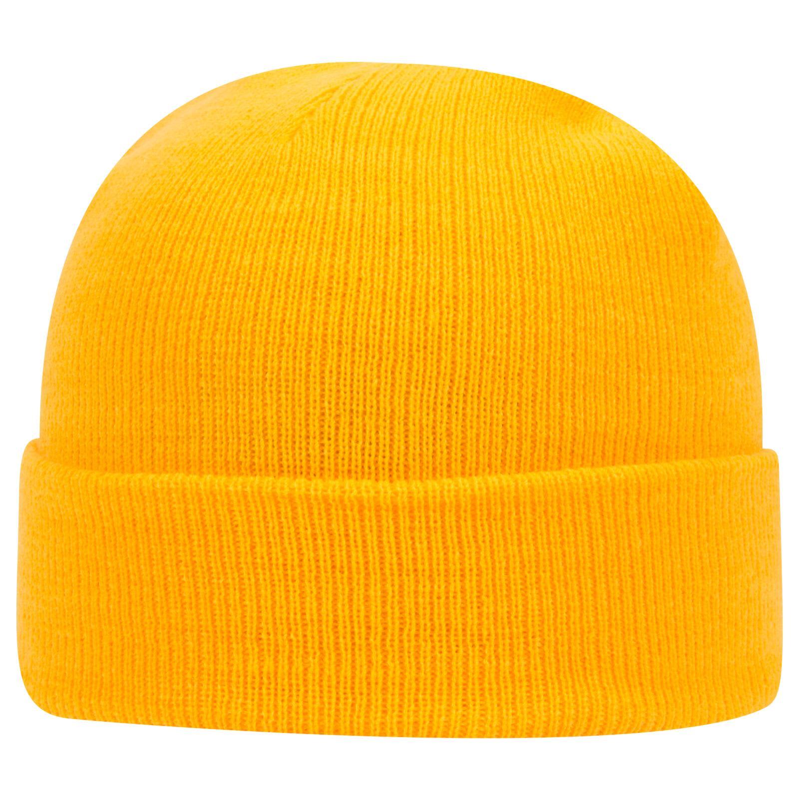 A yellow classic knit beanie with a cuffed design and a logo. 12" Classic Knit Beanie - Image 1