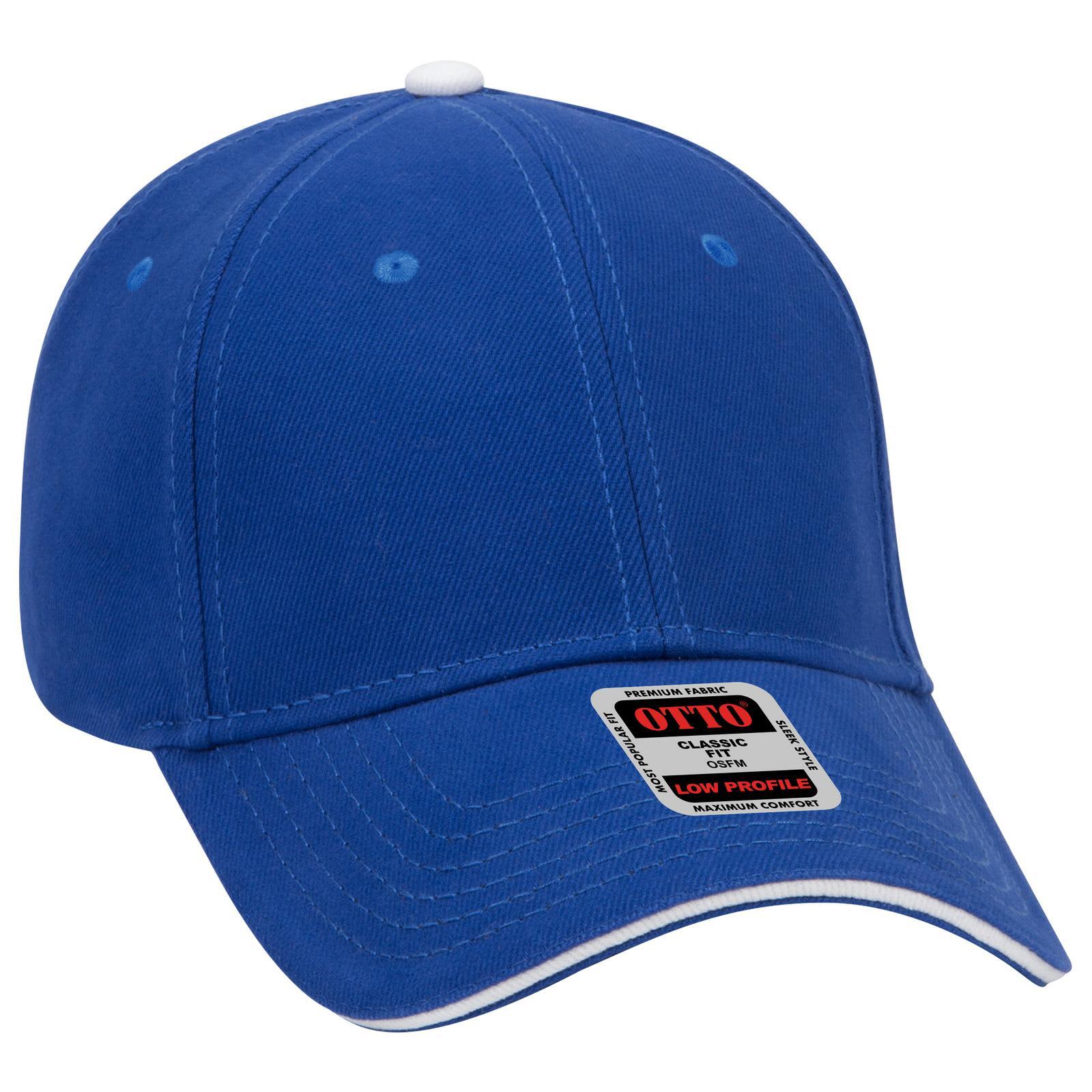 A blue six-panel low-profile baseball cap with a white button and an adjustable strap. It features a logo on the front. 6 Panel Low Profile Baseball Cap - Image 1